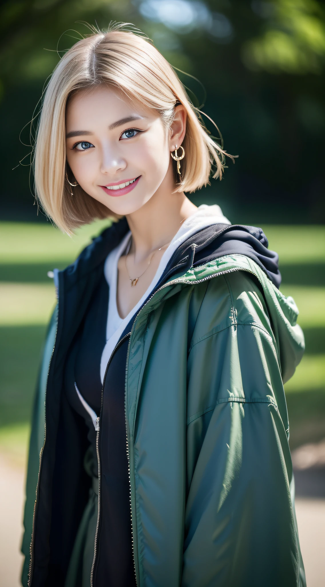 (((32K,very high res, high detailing, highly accurate,Masterpiece Girl 1))),Raw photo & realistic atmosphere,beautiful dark blue eyes,Detailed mouth,Glossy lips,Detailed eyebrows,Soft white skin that shines with every detail,,Eyes drawn in detail、Very beautiful eyes with azure eyes,Detailed lips、Very beautiful face,Very well-formed face、Lifelike face,shiny beautiful lips,Beautiful eyebrows,Infinite reality,Best design,(Insanely cute sober and modest Japan 18-year-old girl,,Toned body,Perfect Gal Leader Model,Beautifully shaped breasts,Very cute beautiful girl, Girl:1.5),Best Natural Makeup,Japanese ido,Korean Idols,Young sensual idol,Moist eyes,Dark beautiful eyes,Beautiful butt,beauty legs,,camel's foot,:1.3),超A high resolution、,Natural and realistic face,Back lighting,Pure eyes are too cute,(((photorealisim,Photograph the whole body))),,Reality Live Action,(simple earrings,Necklace Arm,Watches,Glossy nail art,Black and Green Nylon Zip Parka Camping Fashion,Blonde shorthair,独奏,Lori,Smile faintly,full body Esbian:1.7),(Show full-body fashion,mysterious15Year old school.8)