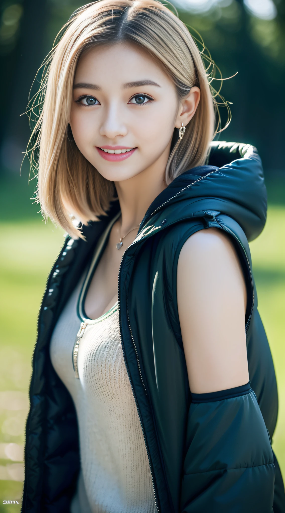 (((32K,very high res, high detailing, highly accurate,Masterpiece Girl 1))),Raw photo & realistic atmosphere,beautiful dark blue eyes,Detailed mouth,Glossy lips,Detailed eyebrows,Soft white skin that shines with every detail,,Eyes drawn in detail、Very beautiful eyes with azure eyes,Detailed lips、Very beautiful face,Very well-formed face、Lifelike face,shiny beautiful lips,Beautiful eyebrows,Infinite reality,Best design,（Insanely cute sober and modest Japan 18-year-old girl,,Toned body,Perfect Gal Leader Model,Beautifully shaped breasts,Very cute beautiful girl,Little Girl：1.5）,Best Natural Makeup,Japanese ido,Korean Idols,Young sensual idol,Moist eyes,Dark beautiful eyes,Beautiful butt,beauty legs,,camel's foot,：1.3),超A high resolution、,Natural and realistic face,Back lighting,Pure eyes are too cute,(((photorealisim,Photograph the whole body))),,Reality Live Action,（simple earrings,Necklace Arm,Watches,Glossy nail art,Black and Green Nylon Zip Parka Camping Fashion,Blonde shorthair,独奏,Lori,Smile faintly,full body Esbian：1.7）,（Show full-body fashion,mysterious１５Year old schoolgirl：1.8）
