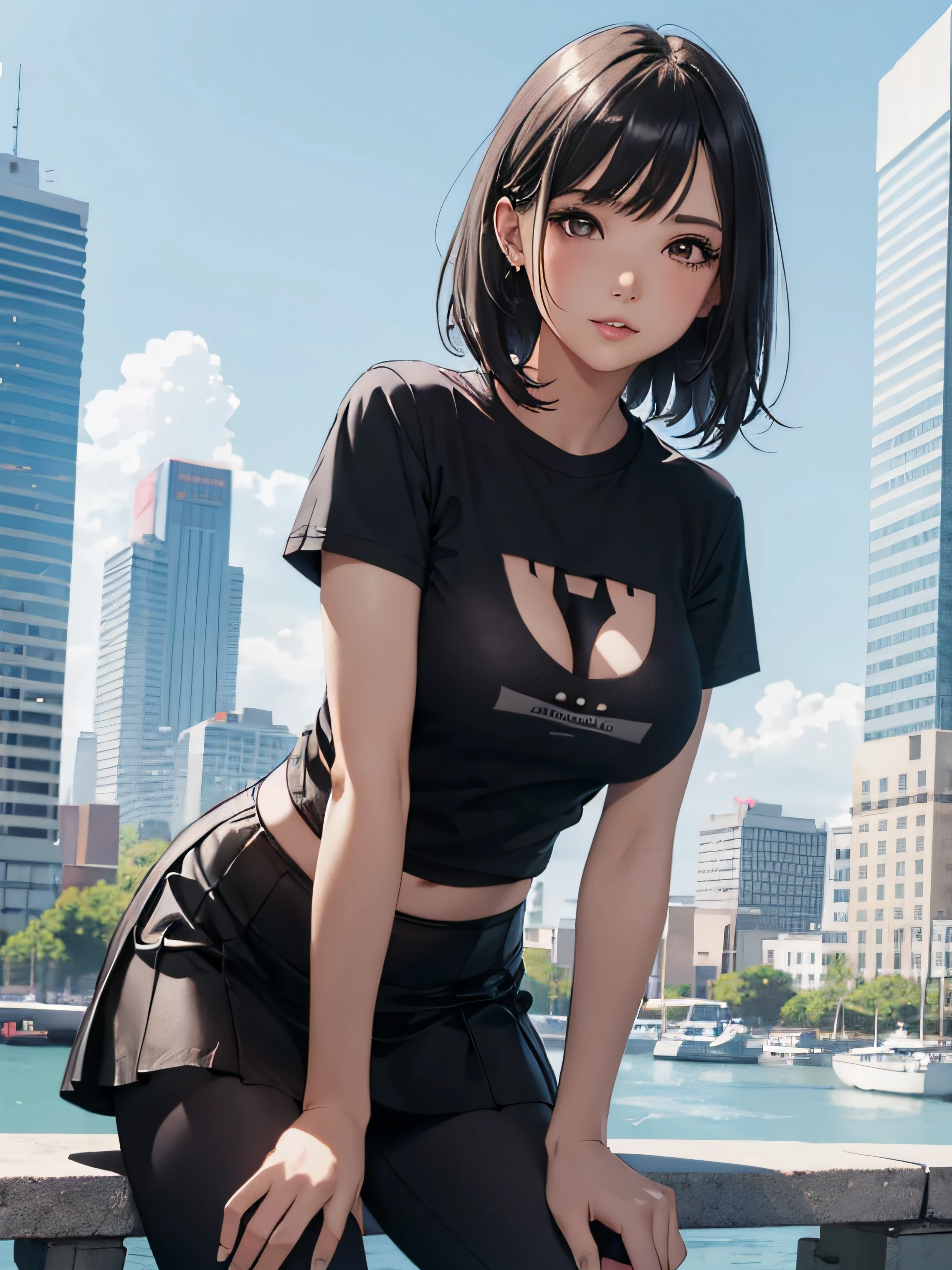 girl in summer clothes, transparent black t-shirt, skirt, leggings, making like she wants to kiss you, view from the viewer, medium breasts, cityscape, flirtatious look, ((very detailed)), (perfectly detailed face), (well detailed hand), photorealistic image.