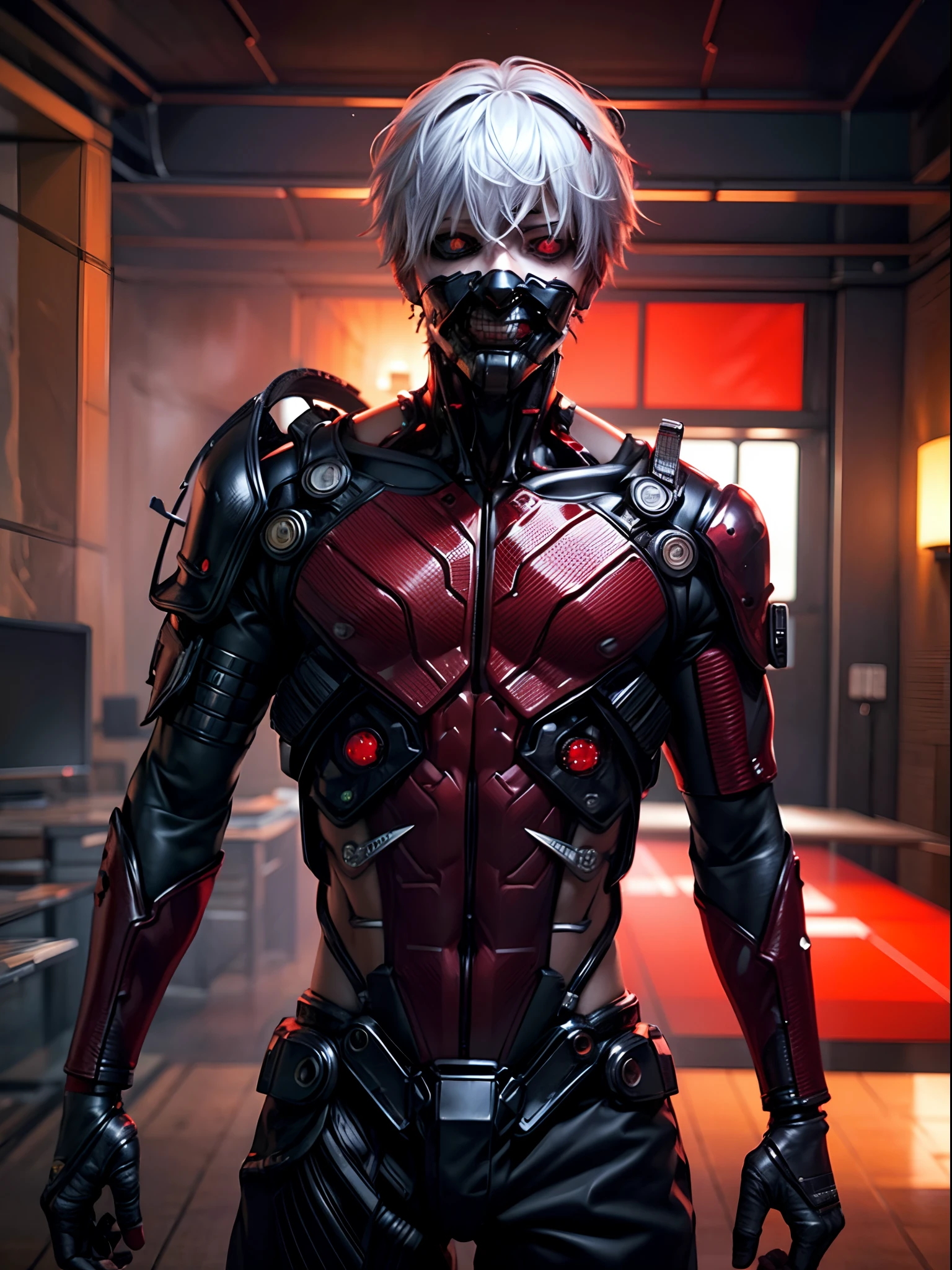 1boy, high resolution, ultra detailed, best quality, amazing, top quality, extremely detailed CG unity, detailed glowing red eyes, depth of field, red clothes, half cyborg body, cinematic lighting, , cyberpunk, dark boy, white hair, red eyes, cyborg mask, killer machine, foggy atsmophere,