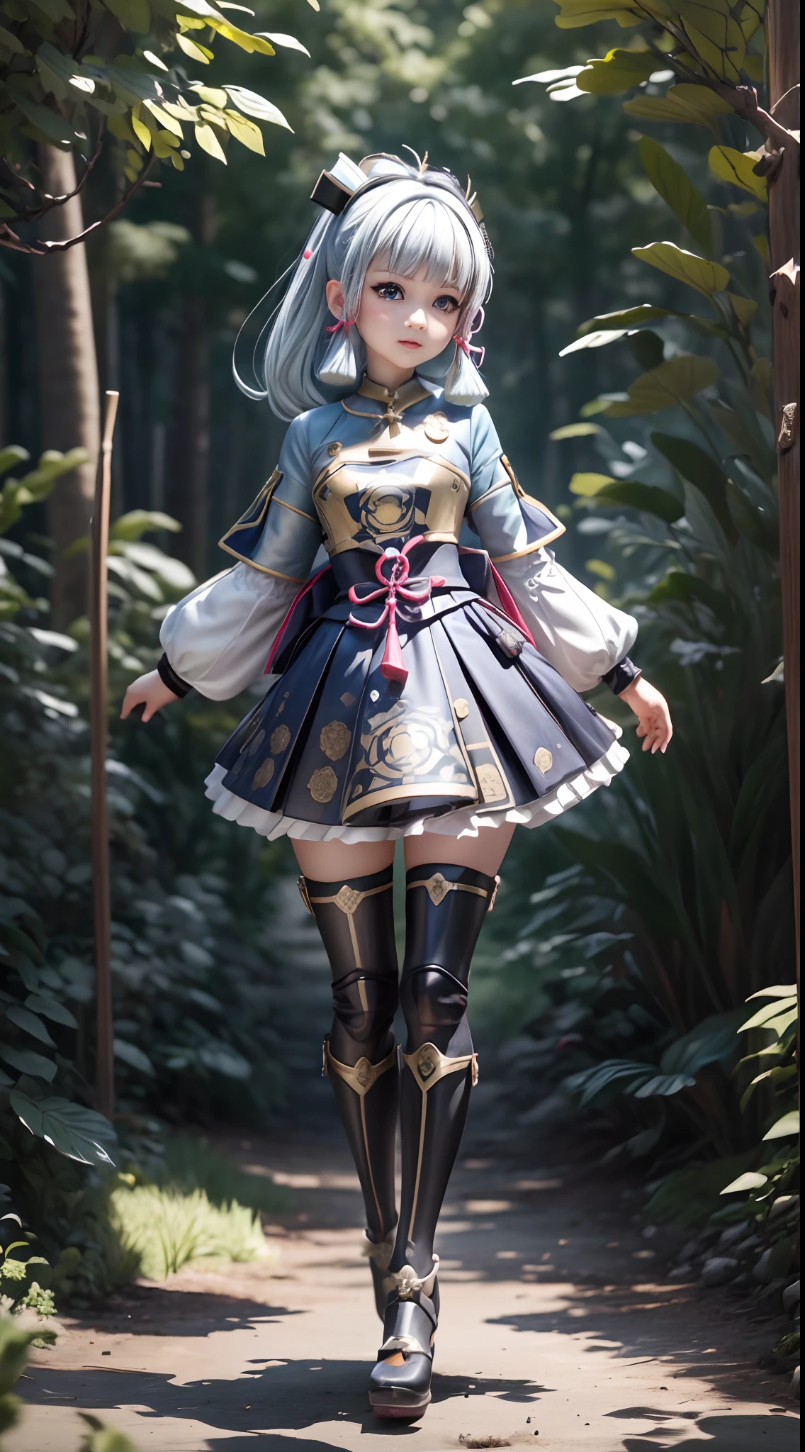 (Blind box toy style:1.2), ((Full body shot:1.4)) (((masterpiece))), 4k res, highly detailed, (((extremely detailed eyes))), cinematic lighting, crystal clear eyes, high quality, highres, ultra-detailed, 8k, best quality, ((1girl, solo)), shadow, backlighting, Thick Eyelashes, Wide Sleeve, thick thighs, (masterpiece:1.3), (the best quality:1.2), (super fine illustrations:1.2), (Masterpiece), high quality, high detail,(SOLO:1.4),((round image)), whole body, (kamisato ayaka,genshin impact) smile, blush, closed mouth, cryokinesis, black gloves, thick, arms behind back, forest background,(circular base) ( Global illumination, Ray traching, hdr, unreal render,reasonable design, high detal, Masterpiece, Best quality, hyper HD, Cinematic lighting)