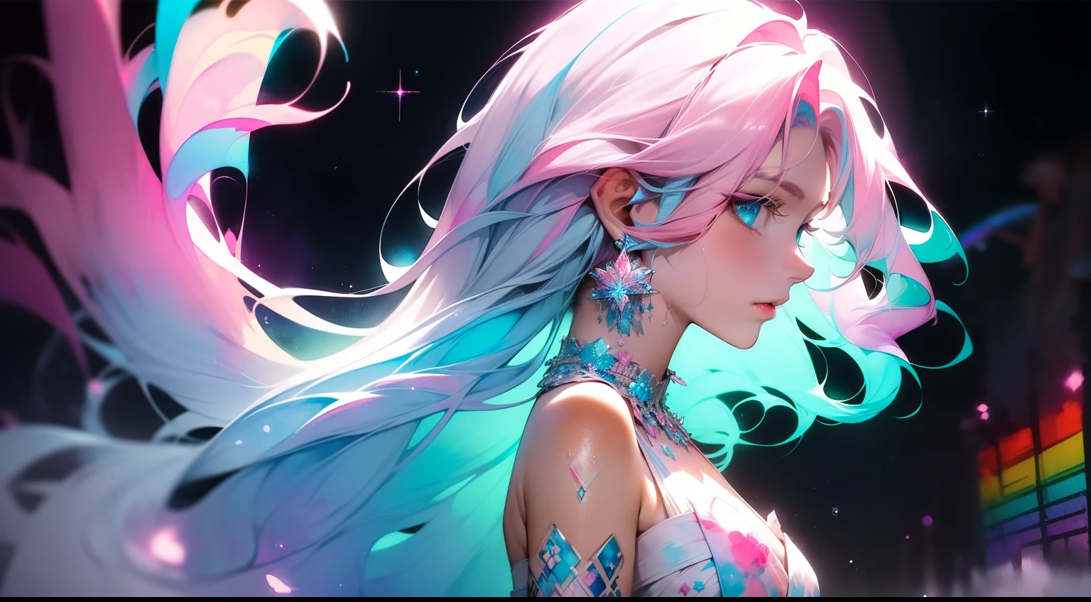 (masterpiece, top quality, best quality,watercolor (medium),official art, beautiful and aesthetic:1.2),(1girl:1.3), (fractal art:1.3),upper body, from side, looking at viewer,patterns,(rainbow color Hair,colorful hair,half blue and half pink hair:1.2),water,liquid, cloud,colorful, starry,stars,