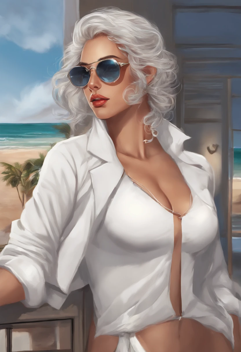 cientista, jaleco branco, bermuda, chinelo, tem um cabelo todo despenteado, wears broken glasses and patched with tape, is high, magro, barrigudo, caolho, pele branca ( quase transparente), nariz grande. cartoon e anime