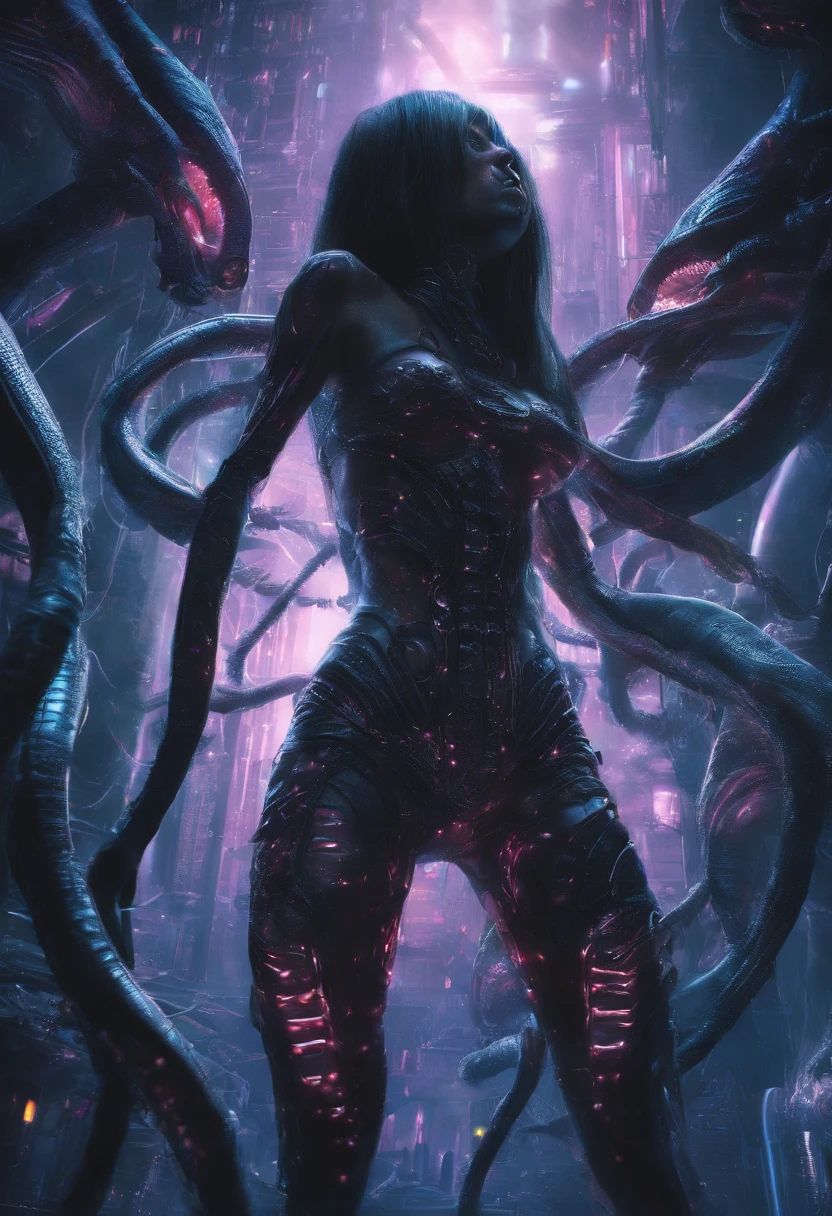 tentacle , NSFW, Asian girl fit slim young, NSFW, tentacles wrapped around her body, grabbing her, in mini bikini, abs bellybutton, slender figure, perfect body, abs, thigh highs, glowing dark fantasy intestines stomach, extremely high detail, realistic, photoreal, wet skin, horror, stuck, trapped