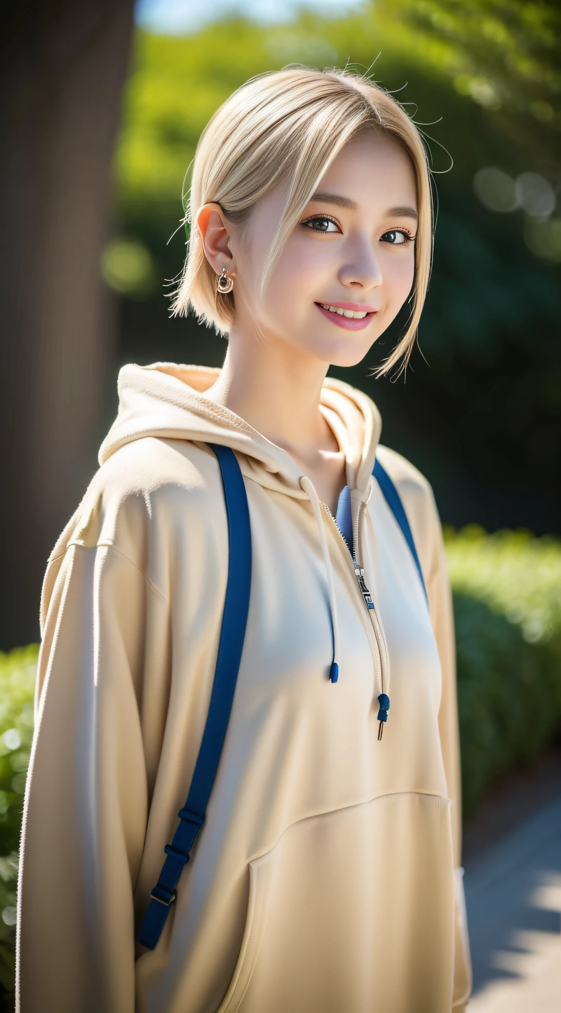 Best Quality, Masterpiece, Beautiful and Aesthetic, 16K, (HDR: 1.4), High Contrast, Bokeh: 1.2, Lens Flare, (Vivid Colors: 1.4),cinematic lighting,depth of field, film lighting, ambient light, side light, exquisite details and textures, cinematic lens, warm tones, (bright and intense: 1.2), wide-angle lens, hyper-realistic, (mideum shot), BREAK 1 girl,Japanese,22 yo,beautifull detailed face,A smile with a little visible teeth,(Slender body:1.5),((Wearing a hoodie)),pastel camisole, ((Have a small handbag)), Beautiful detailed skin,Skin Texture,Floating hair,((fluffy hairstyle)),Black semi-long wavy hair, saggying breasts with good shape,(cleavage),cheerful pose,day,daylight,outdoor,braless,