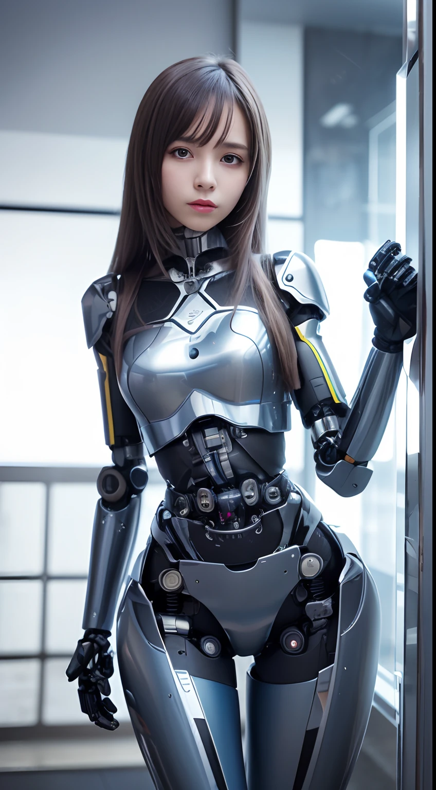 high quality, masterpiece, two close friends, Beautiful tween girls, sitting or kneeling, small skinny girls, cute girl face, cyberpunk, Wearing futuristic robotic tactical armor cyberpunk suit with cutouts showing abs, skinny athletic body, innocent, playful, Famous actresses of Japan, very beautiful face