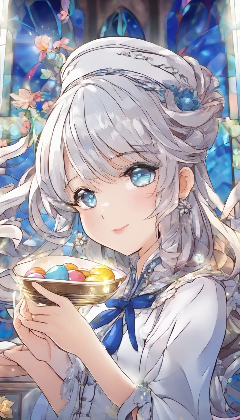 (Best quality, Ultra-detailed, photo-realistic:1.37), Silver-haired woman, Fantastic blue eyes, Happy woman beating eggs with chopsticks, Soft lighting, pink apron, illustration, bangs, Flowing hair, Gentle breeze, Shiny hair, Thick egg whites, Close-up of black stockings, mitts, chef's hat.Blonde hair, Gradient hair, Pink hair, folded ponytail, blue halo, Glowing eyes, Wide eyes, drunk, Anime style, shadowing, back lit lighting, macro photograph, Close-up, first person perspective, head out of frame, hyper HD, High details, Best quality