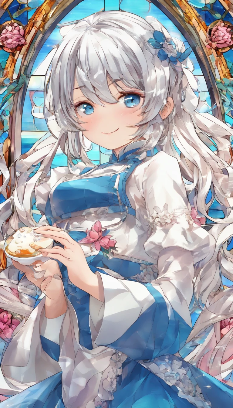(Best quality, Ultra-detailed, photo-realistic:1.37), Silver-haired woman, Fantastic blue eyes, Happy woman beating eggs with chopsticks, Soft lighting, pink apron, illustration, bangs, Flowing hair, Gentle breeze, Shiny hair, Thick egg whites, Close-up of black stockings, mitts, chef's hat.Blonde hair, Gradient hair, Pink hair, folded ponytail, blue halo, Glowing eyes, Wide eyes, drunk, Anime style, shadowing, back lit lighting, macro photograph, Close-up, first person perspective, head out of frame, hyper HD, High details, Best quality