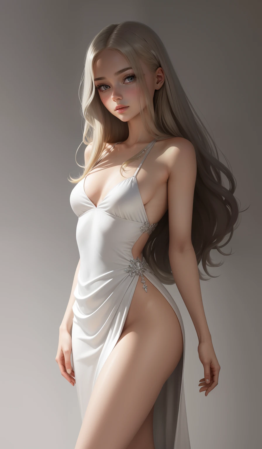 a woman in a long silver solid draped spaghetti dress, silver high heels, diamond hair piece, , shoulder length slightly wavy hair, ((ashy blonde hair)) and gleaming detailed vibrant azure eyes, slim frame, medium breasts, long legs, beautiful face, small butt size, small feet size, small hand size, perfect hands, scary face, beautiful face, pretty face, hot woman, British woman, cream skin, small soft pink lips , medium breast size, slim figure, standing pose, soft features, cute girl, perfectly framed face, soft pink lips, glossy lips