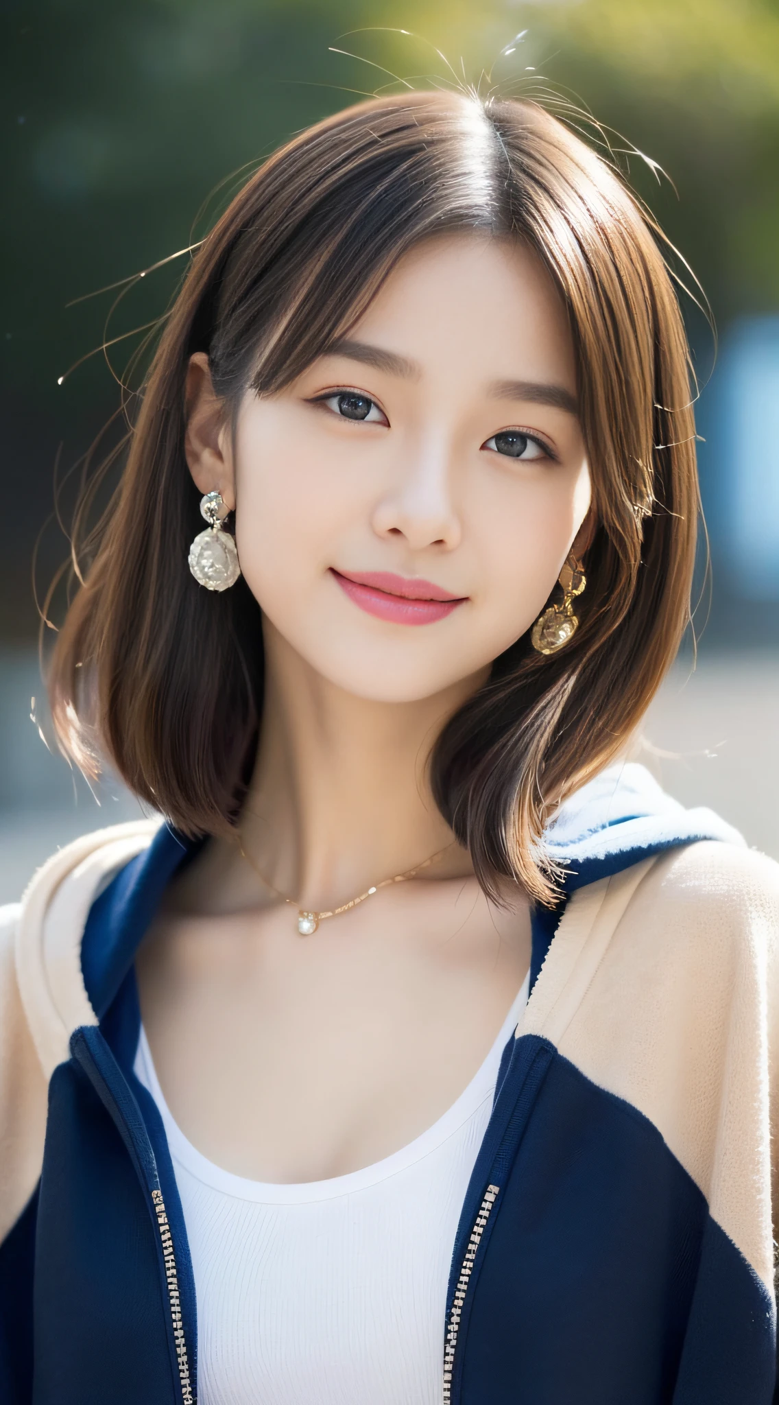２０Beautiful young woman of the year、 Korean women、Light brown hair、Wavy Hair、short hair、ear piercing、Necklace around the neck、blouse、smile, Beautiful teeth alignment、Intricate details, Very detailed:1.2), 、 Looking into the camera,The background is the town

