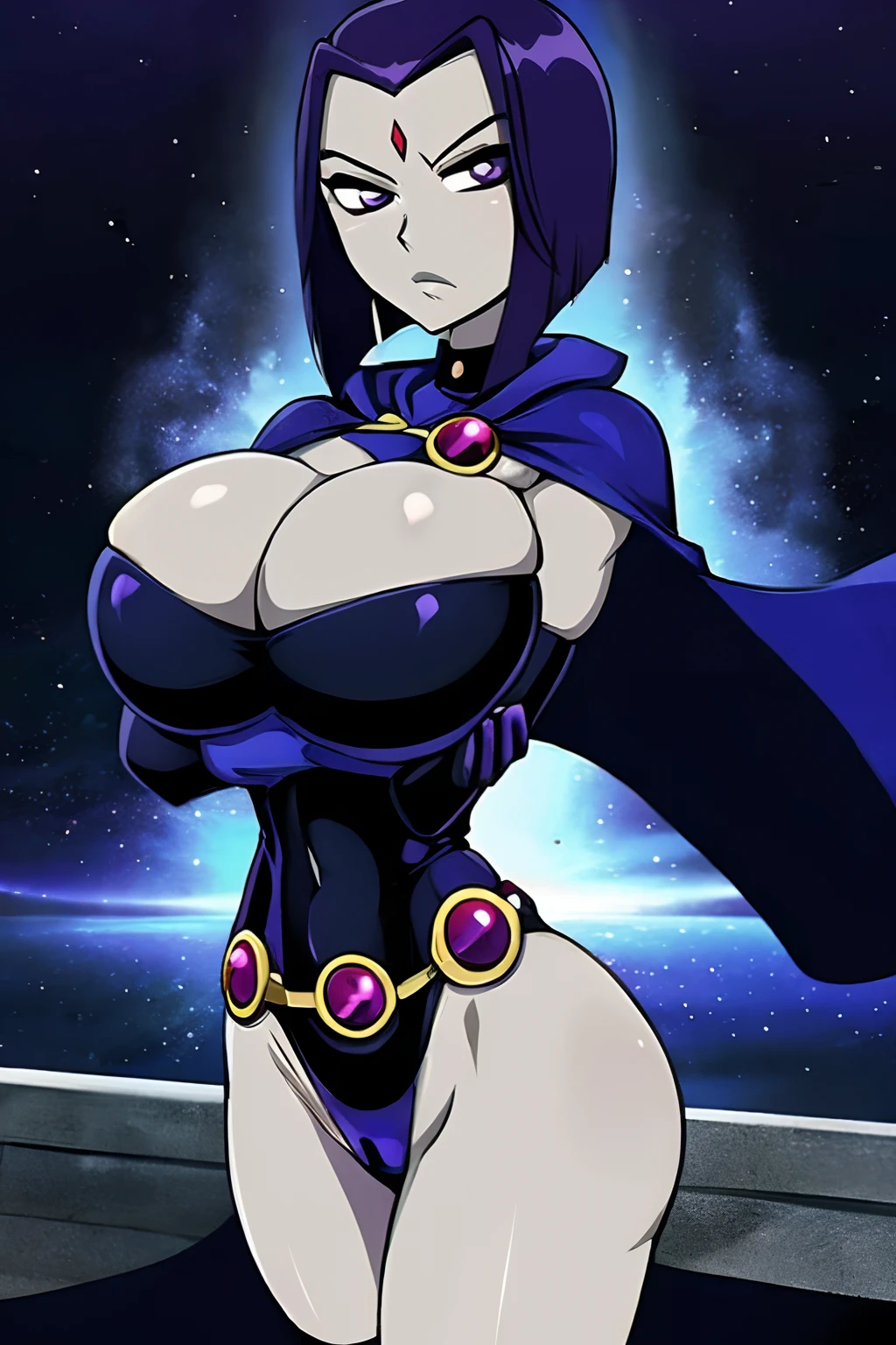 titans, Raven, anime, masterpiece, 1girl, ((bimbo))), purple eyes, short purple hair, wide hips, thick thigh, big breast, huge ass, shiny skin, black suit, blue cloak, Cleavage, crossed arms