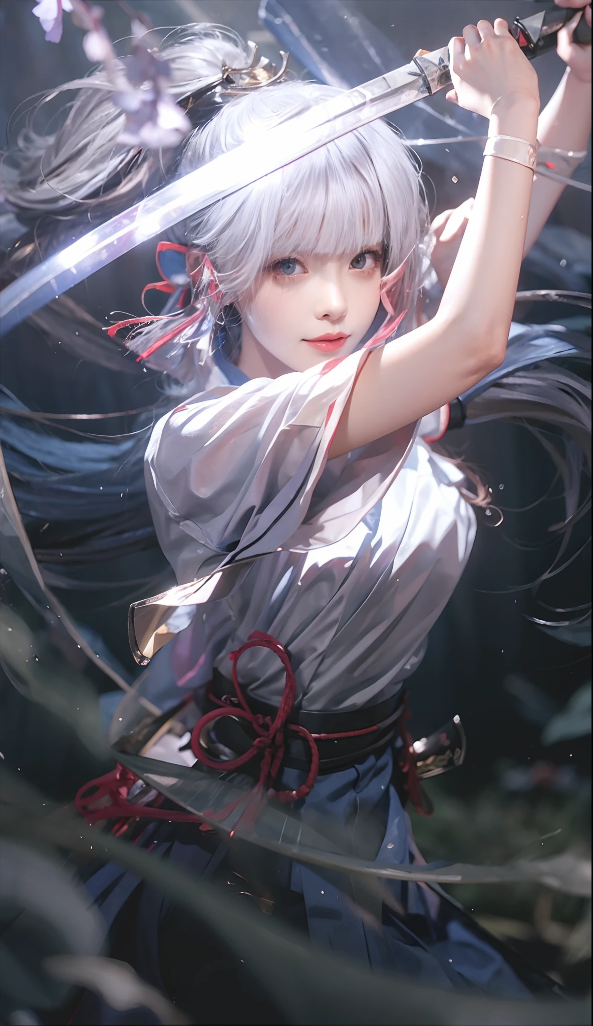 sword, weapon, holding sword, japanese clothes, katana, 1girl, long hair, solo, holding weapon, holding, silver hair, blurry, white kimono, glint, breasts, very long hair, looking at viewer, sheath, water drop, miko, short sleeves, closed mouth, depth of field, bangs, kimono, blurry foreground, blurry background, smile, unsheathed, bubble, hakama, wide sleeves