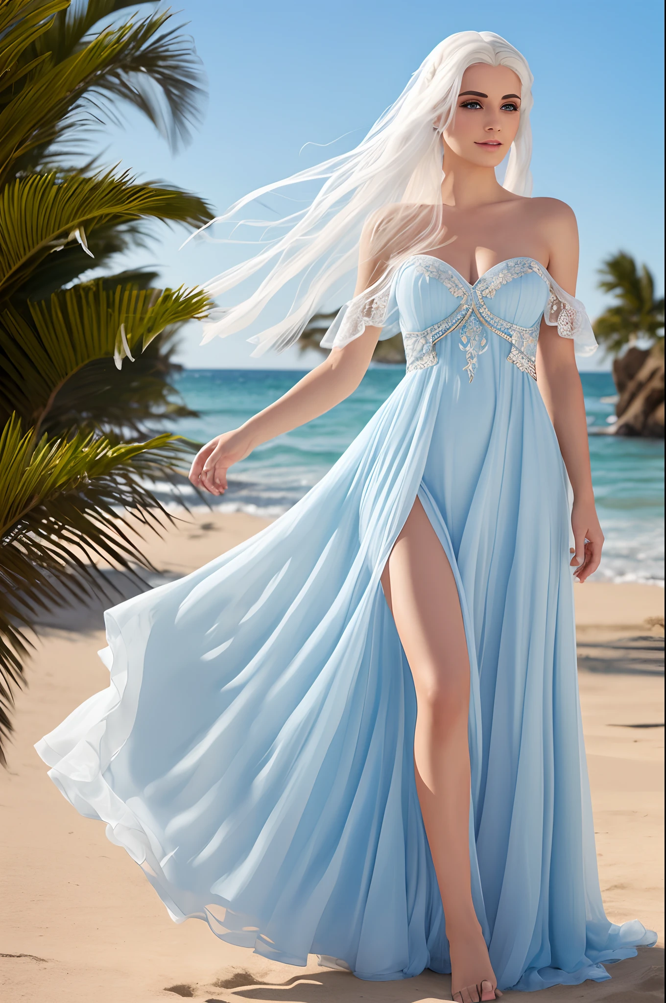 Princess with white hair and blue eyes and ultra-realistic face walking along the beach dancing in water. Vestido dourado transparente altamente detalhado ultra realismo