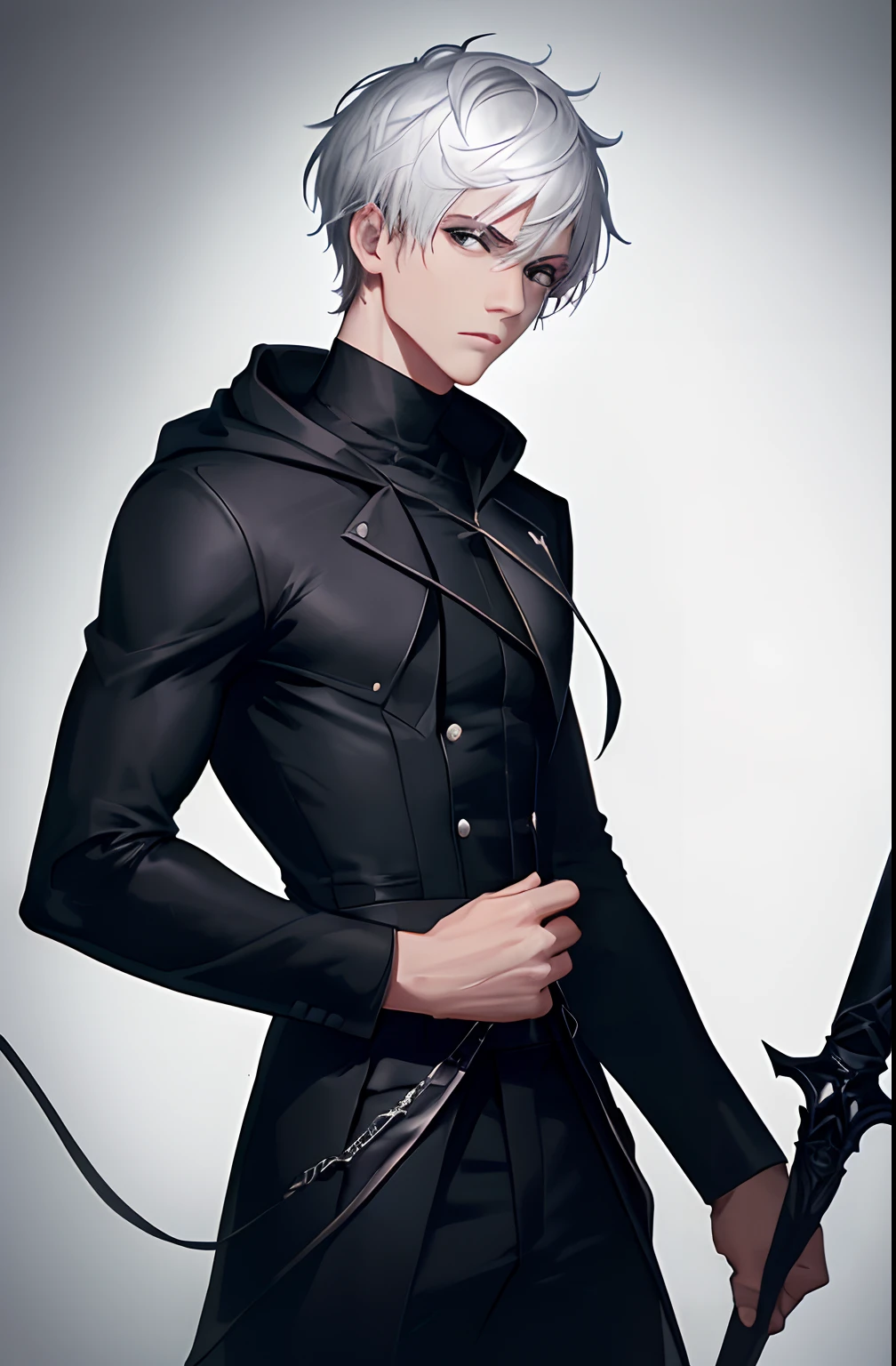 kk, best quality, more details, masterpiece, 1boy, male focus, solo, black background, An assassin man in a black hooded suit, Holding a dagger go up, black eyes, short hair, white hair, Looking at viewer, Luxury, 8k, Detail, ray tracing, Depth of field, Cinematic lighting, black and white, Simple black lines, simplified.