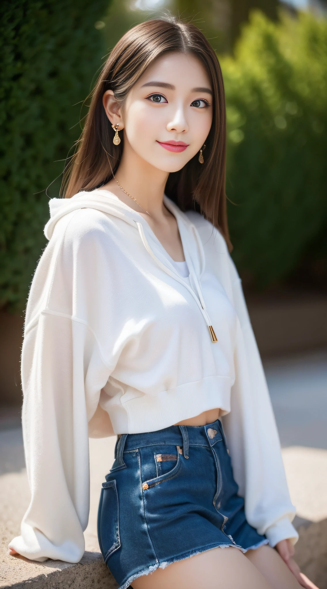 (((32K,very high res, high detailing, highly accurate,Masterpiece Girl 1))),Raw photo & realistic atmosphere,beautiful dark blue eyes,Detailed mouth,Glossy lips,Detailed eyebrows,Soft white skin that shines with every detail,,Eyes drawn in detail、Very beautiful eyes with azure eyes,Detailed lips、Very beautiful face,Very well-formed face、Lifelike face,shiny beautiful lips,Beautiful eyebrows,Infinite reality,Best design,(Insanely cute sober and modest Japan 18-year-old girl,,toned body,The perfect gal reader model,Beautifully shaped breasts,Very cute beautiful girl, Girl:1.5),Best Natural Makeup,Japanese ido,Korean Idols,Young sensual idol,Moist eyes,Dark beautiful eyes,Beautiful butt,beauty legs,,camel's foot,:1.3),超A high resolution、,Natural and realistic face,Back lighting,Pure eyes are too cute,(((photorealisim,Photograph the whole body))),,Reality Live Action,(simple earrings,Necklace Arm,Watches,Glossy nail art,Girlish clothes,Clothes with a design image of young people in bright colors in primary colors,Dress up your hoodie in a cool and cute way,Hats,beautiful skirt,Modest and beautiful fashionable fashion,espadrilles,Perm Shorthair,独奏,Lori Kool,Smile faintly,glares,full body Esbian:1.7),(Show full-body fashion:1.8)