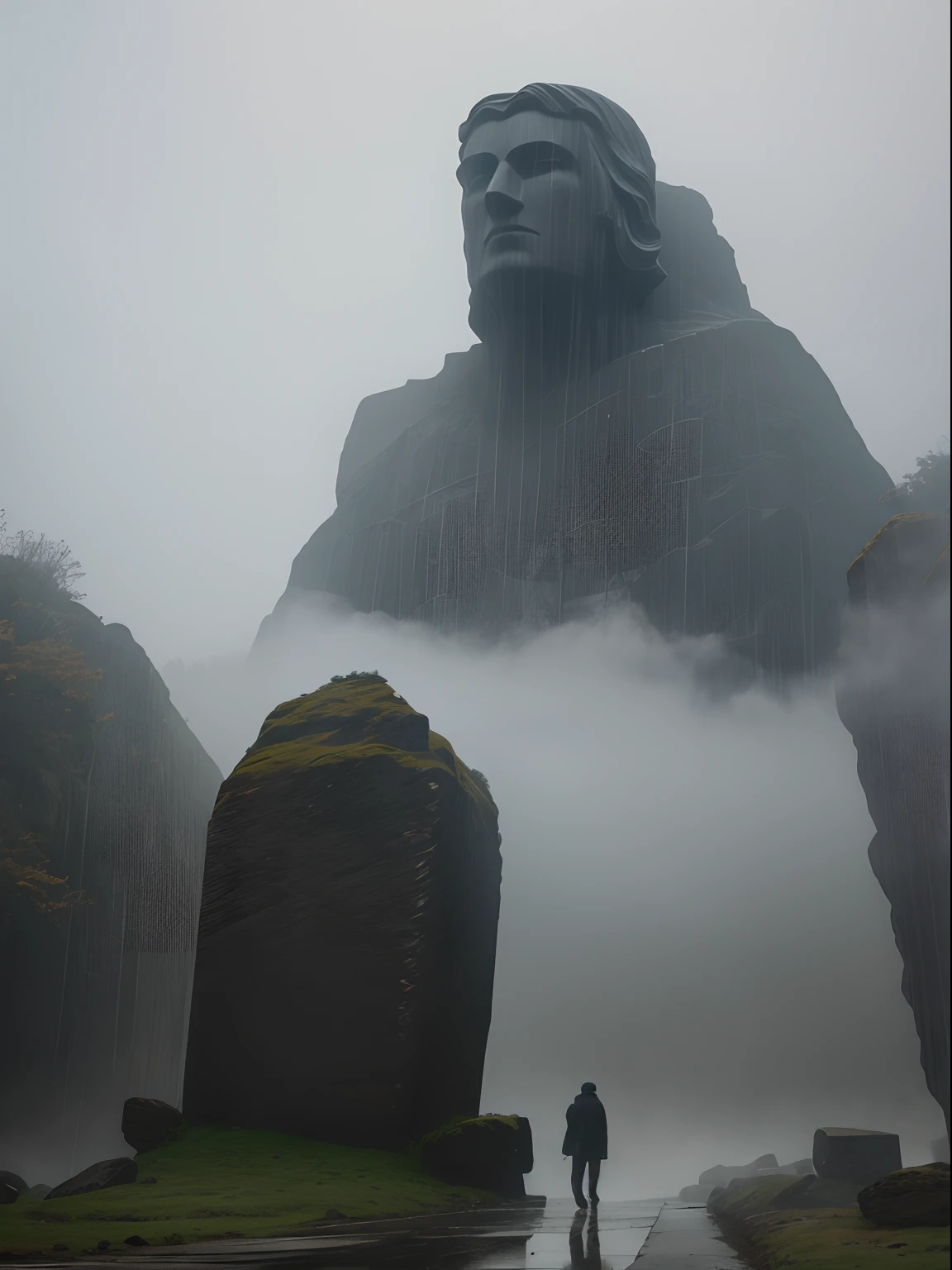 Faint hint of a lonely wanderer walking in the direction of an enormously gigantic stone sculpture of a face in the distant rain, mist and fog