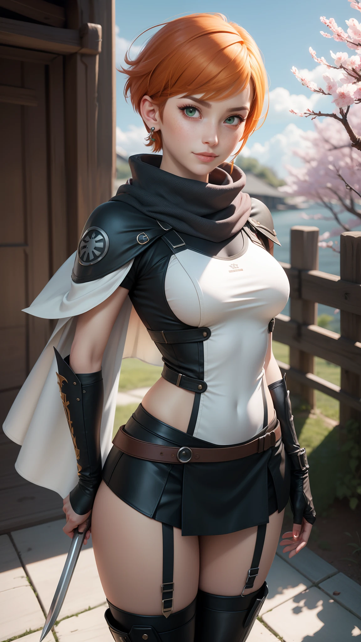 gwen tennyson,tracer,yorha 2b,rebecca chambers,samurai outfit,japan,steel armor,ager,green eyes,garter belt, thigh high boots,short hair,orange hair,moonlight,cherry blossom,shy smile,white striped top,bodycon skirt, kimono,freckles,redhead,beautiful girl,large breasts,ultra detailed,realistic, ninja scarf,short ninja cape,holding a spear,small earrings,river,striped panties,