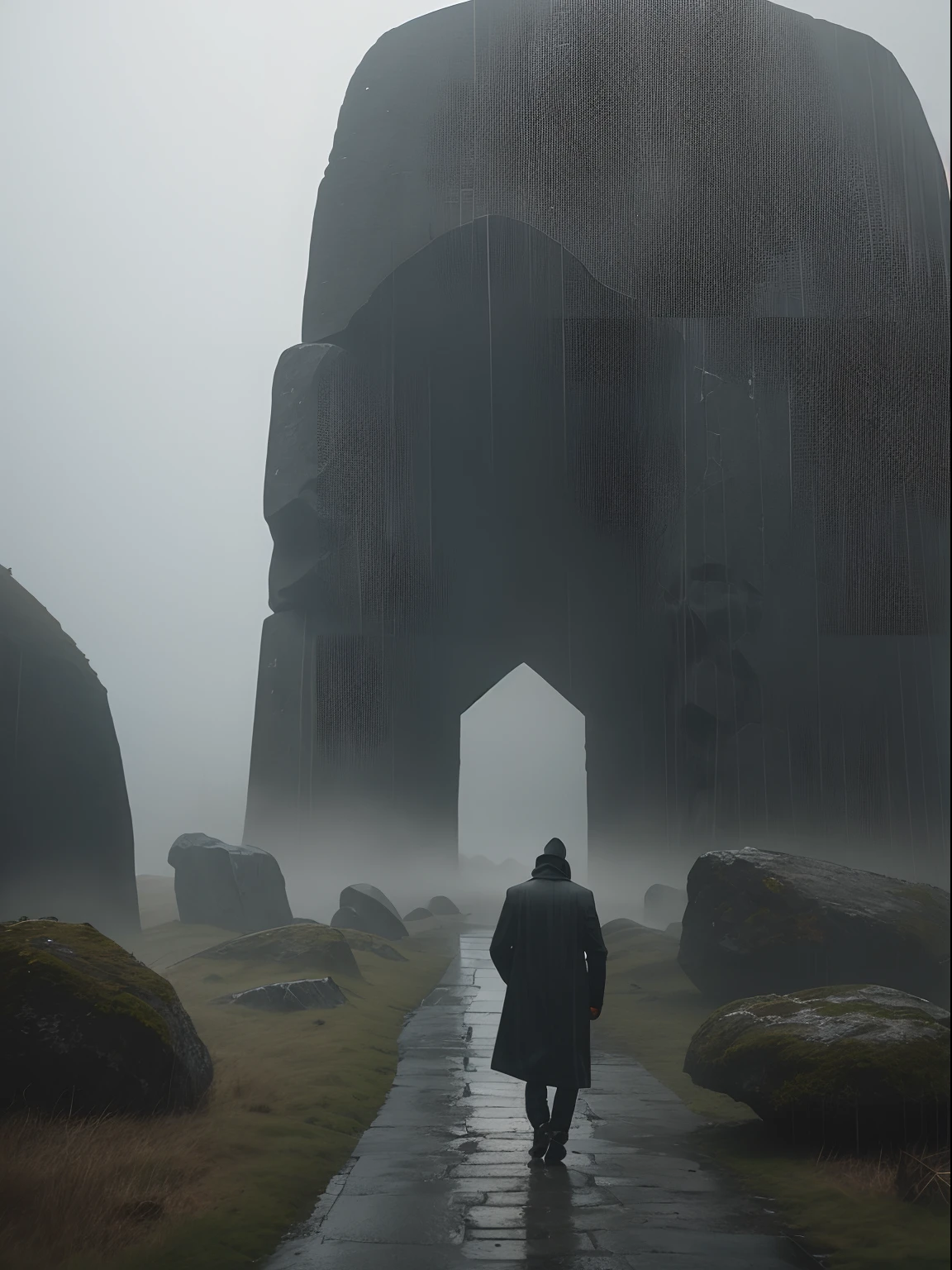 Faint hint of a lonely wanderer walking in the direction of an enormously gigantic stone sculpture of a face in the distant rain, mist and fog
