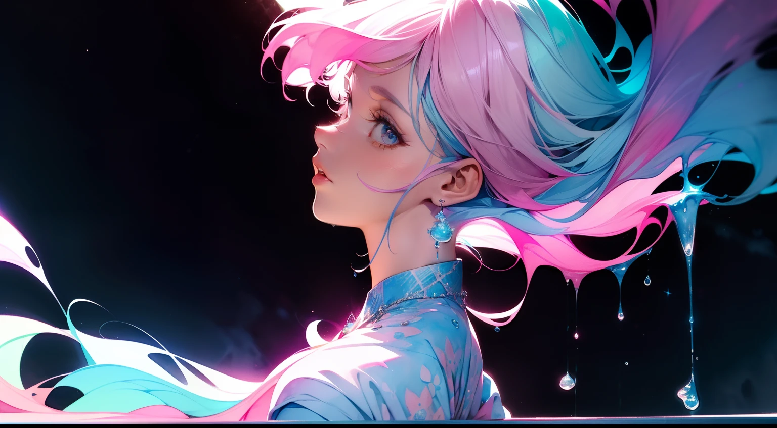 (masterpiece, top quality, best quality,watercolor (medium),official art, beautiful and aesthetic:1.2),(1girl:1.3), (fractal art:1.3),upper body, from side, looking at viewer,patterns,(rainbow color Hair,colorful hair,half blue and half pink hair:1.2),water,liquid, cloud,colorful, starry,stars,
