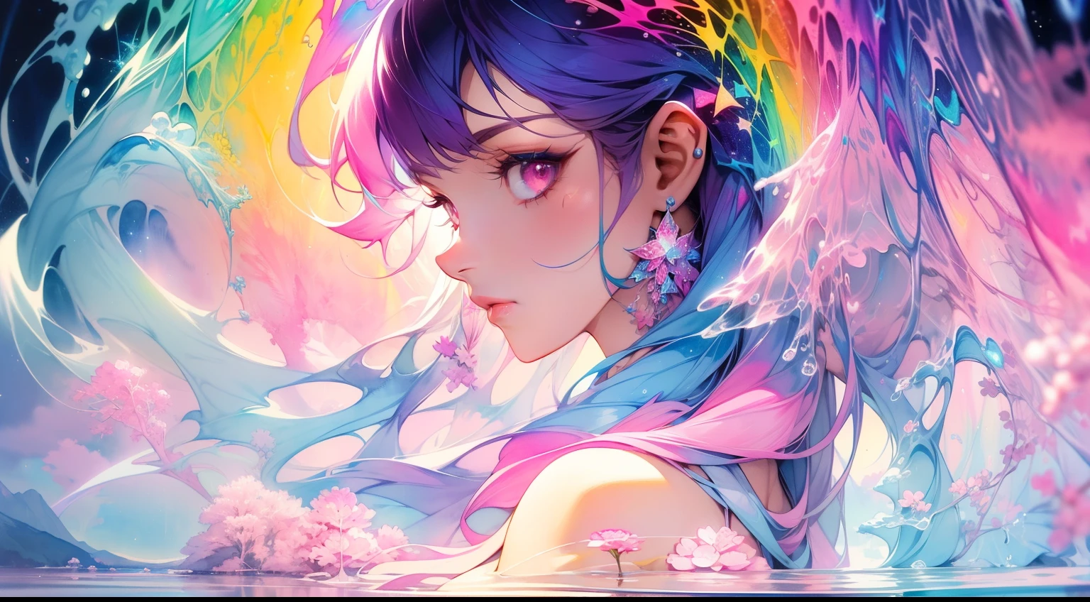 (masterpiece, top quality, best quality,watercolor (medium),official art, beautiful and aesthetic:1.2),(1girl:1.3), (fractal art:1.3),upper body, from side, looking at viewer,patterns,(rainbow color Hair,colorful hair,half blue and half pink hair:1.2),water,liquid, cloud,colorful, starry,stars,