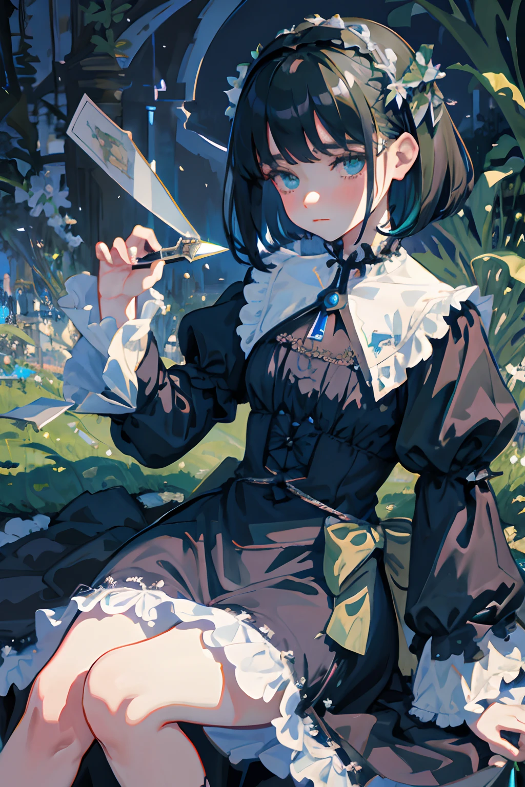 Knees,hand between legs,child,(masterpiece,Highest Quality),shortsleeves,Blue-green Gothic Lolita,Sleepy face,A dark-haired,Medium bob,utility knife,Small scissors,Pasture,Aurora,starrysky,dark clouds, Night, (Impressionism:1.4), , Alphonse Mucha,tarot