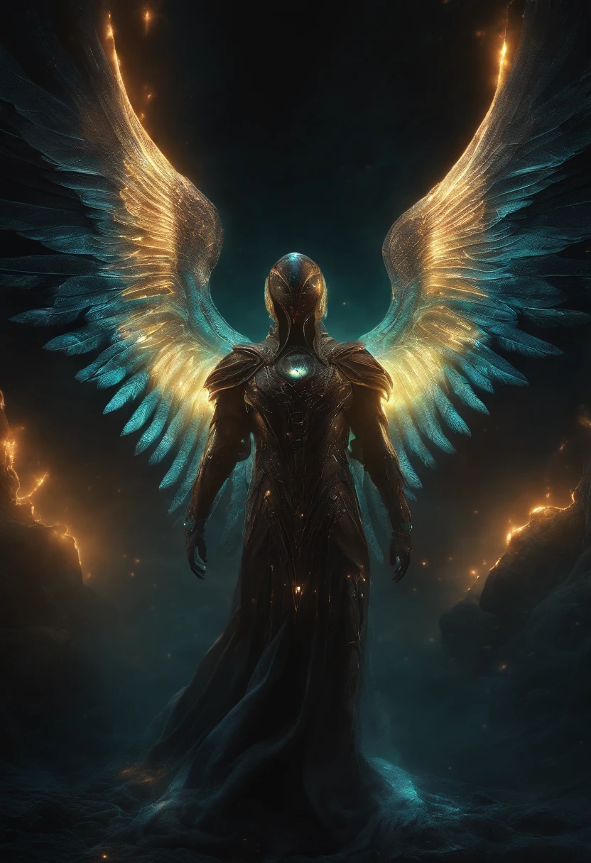 Cosmic Fallen Angel, glowing light eyes, Biomechanical, eerie, Creepy, nightmarish, Very bright colors, Light particles, with light glowing, Mshiff, wallpaper art, UHD wallpaper