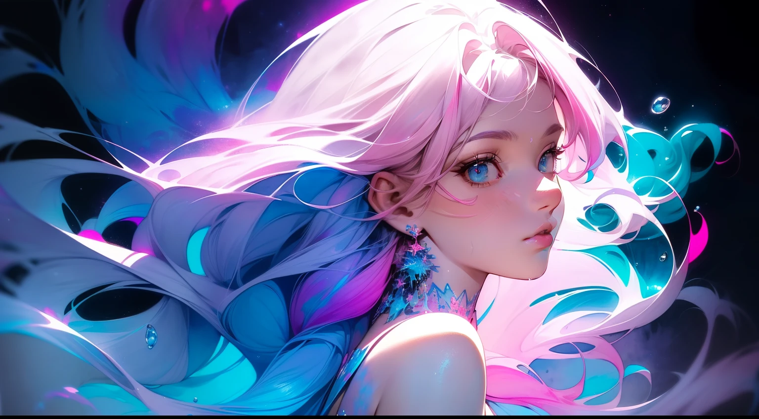 {{masterpiece}}, best quality, extremely detailed CG unity 8k wallpaper, cinematic lighting, lens flare, beautiful detail eyes, black,  side glance,  multicolor hair, colorful light, particles, heterochromia, (colorful:1.5), (colorful hair:1.5),