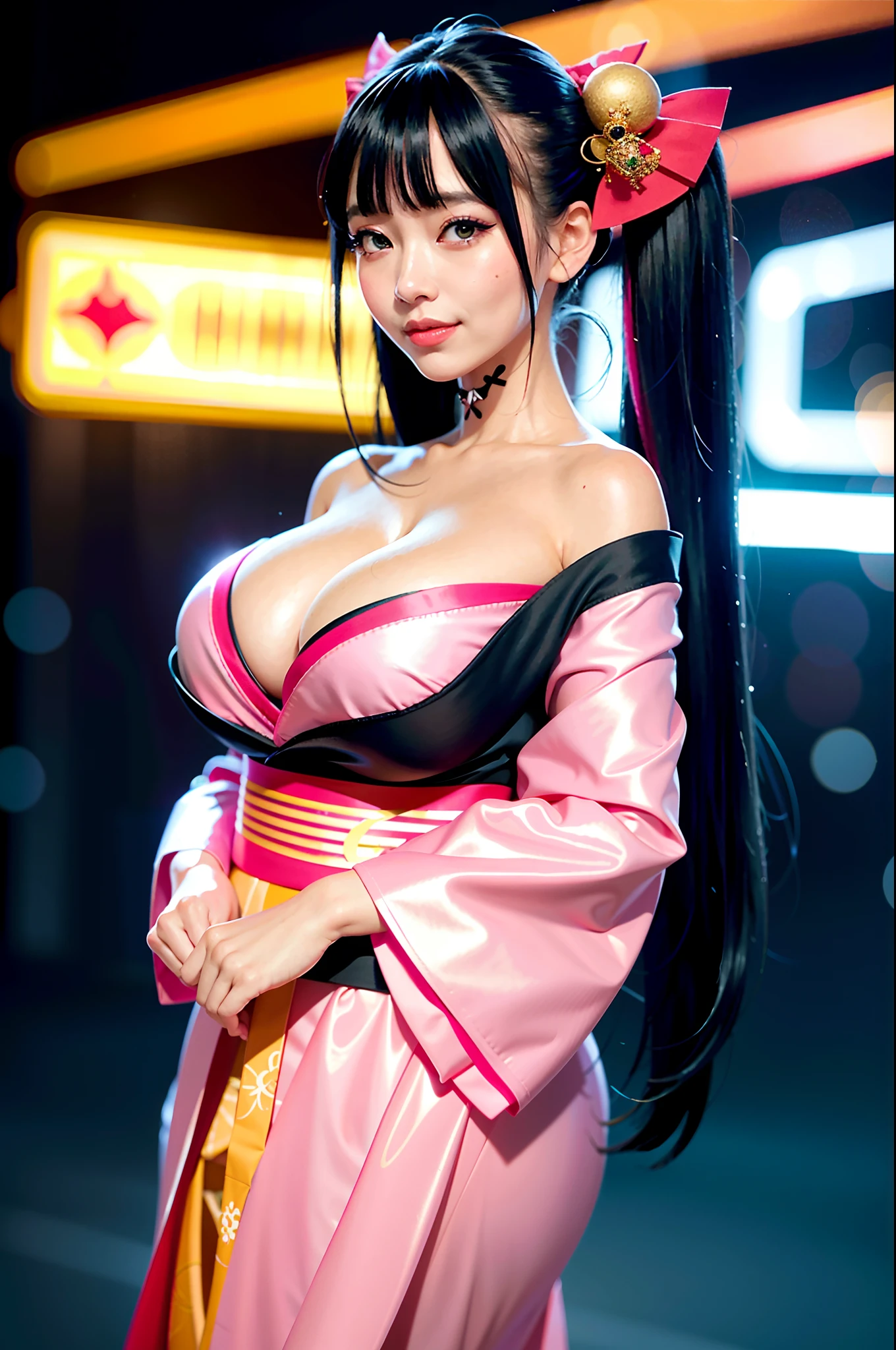 full body shot, ((gorgeous pink kimono)),((royal textured kimono)), (((smile:1.0, laugh:1.0))),

1woman, milf solo, makeup, highres, large breasts:1.4 , cleavage, looking at viewer, smile, bangs, bare shoulders, black hair,collarbone, crossed bangs, hair between eyes, hair ornament, hair ribbon, huge breasts, japanese clothes, large breasts, long hair,mask, mask on head, off shoulder, parted lips, red eyes, red kimono, red ribbon, ribbon, striped ribbon,twintails, very long hair, wide sleeves,(shiny skin), sash,

night, detailed background, Cyberpunk world, Modern metropolis, neon,sfw:1.8,