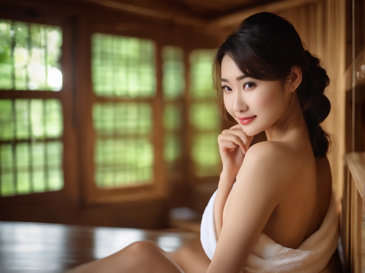 (Best quality, 8k, 32k, Masterpiece, UHD:1.2),Photo of Pretty Japanese woman, 1girl, (medium-short dark brown hair), double eyelid, large breasts, naked body with bath towel, sitting in sauna, sweat, wet, smile,Girl with a towel wrapped around her body