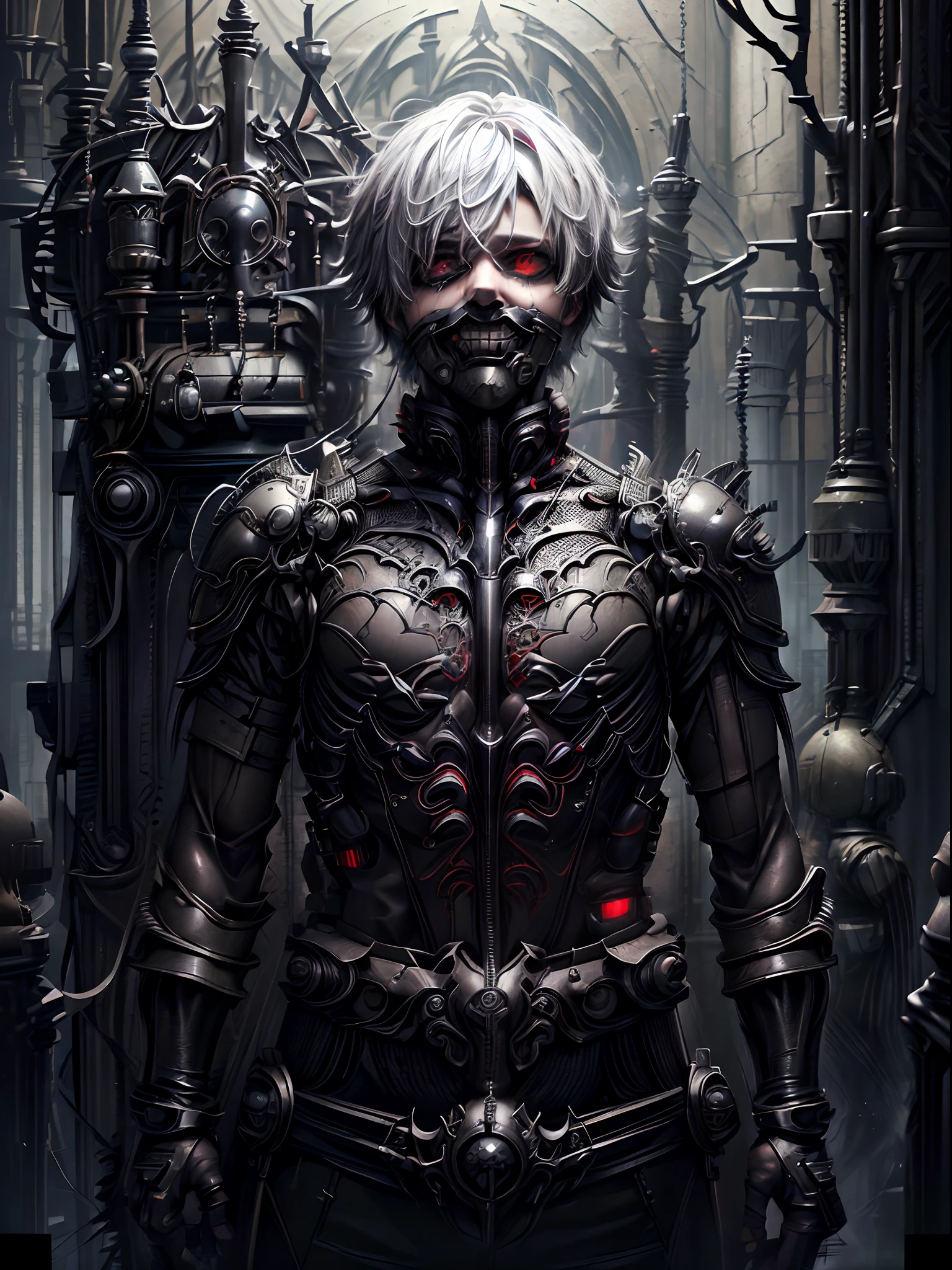 1boy, high resolution, ultra detailed, best quality, amazing, top quality, extremely detailed CG unity, detailed glowing red eyes, depth of field, red clothes, half cyborg body, cinematic lighting, , cyberpunk, dark boy, white hair, red eyes, cyborg mask, killer machine, foggy atsmophere, sparkling bloods,