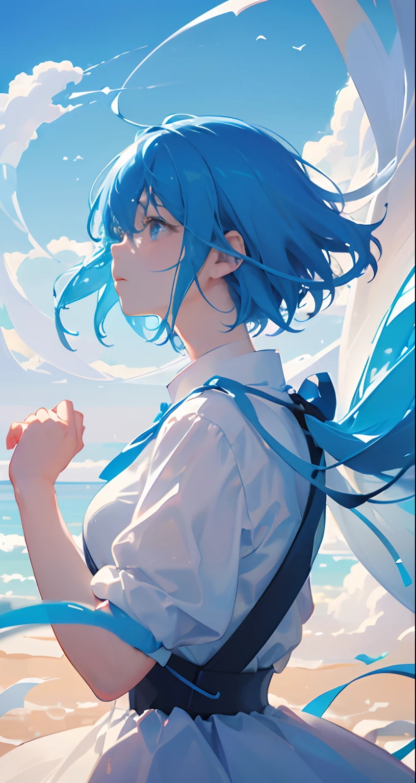 masterpiece、top-quality、Movie stills、One Girl、floating in sky、Cloud Girl、clouds、(a closeup:1.1)、with light glowing、happiness、A delightful、Soft lighting、(Bauhaus、form、line、abstracted:1.1)girj blue hair short hair