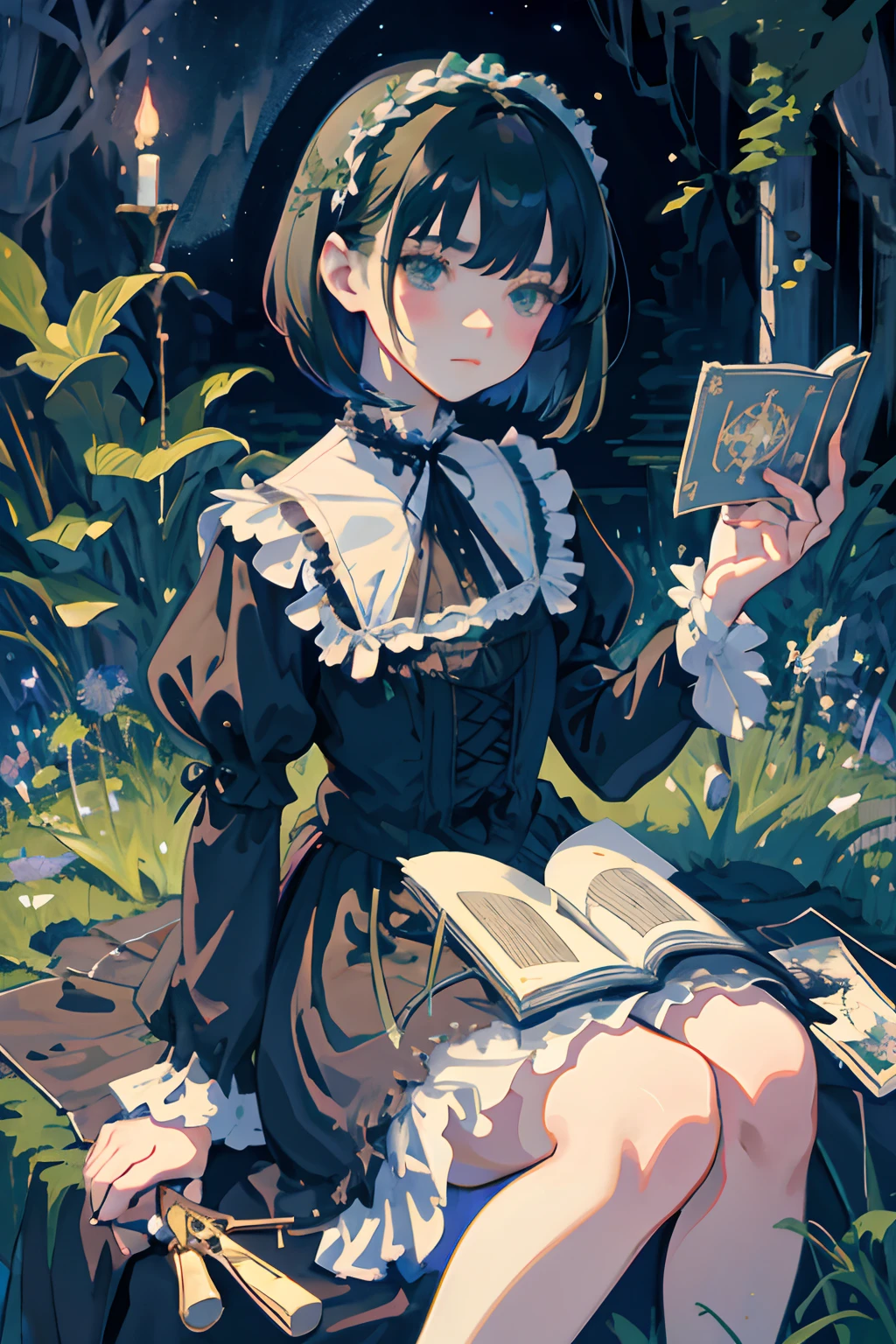 Knees,hand between legs,child,(masterpiece,Highest Quality),shortsleeves,Blue-green Gothic Lolita,Sleepy face,A dark-haired,Medium bob,utility knife,Small scissors,Pasture,Aurora,starrysky,dark clouds, Night, (Impressionism:1.4), , Alphonse Mucha,tarot