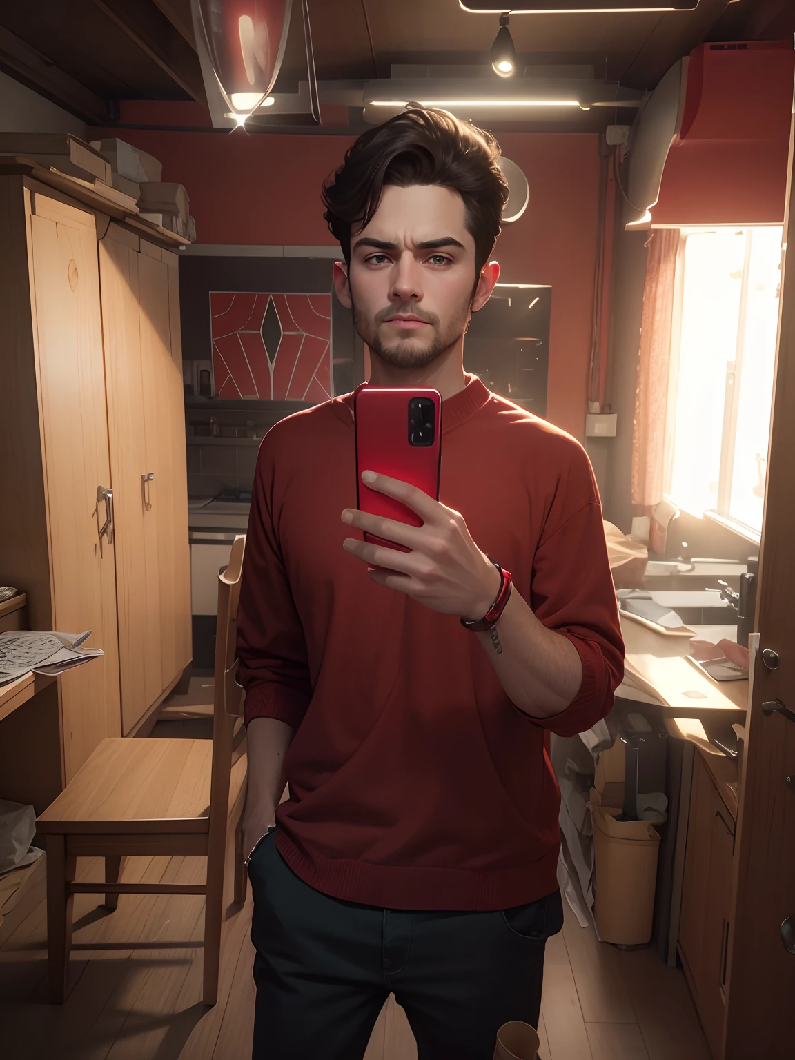 Change background, remove phone from the hand and the hands position casual and replace red hand band. Edit style is retro