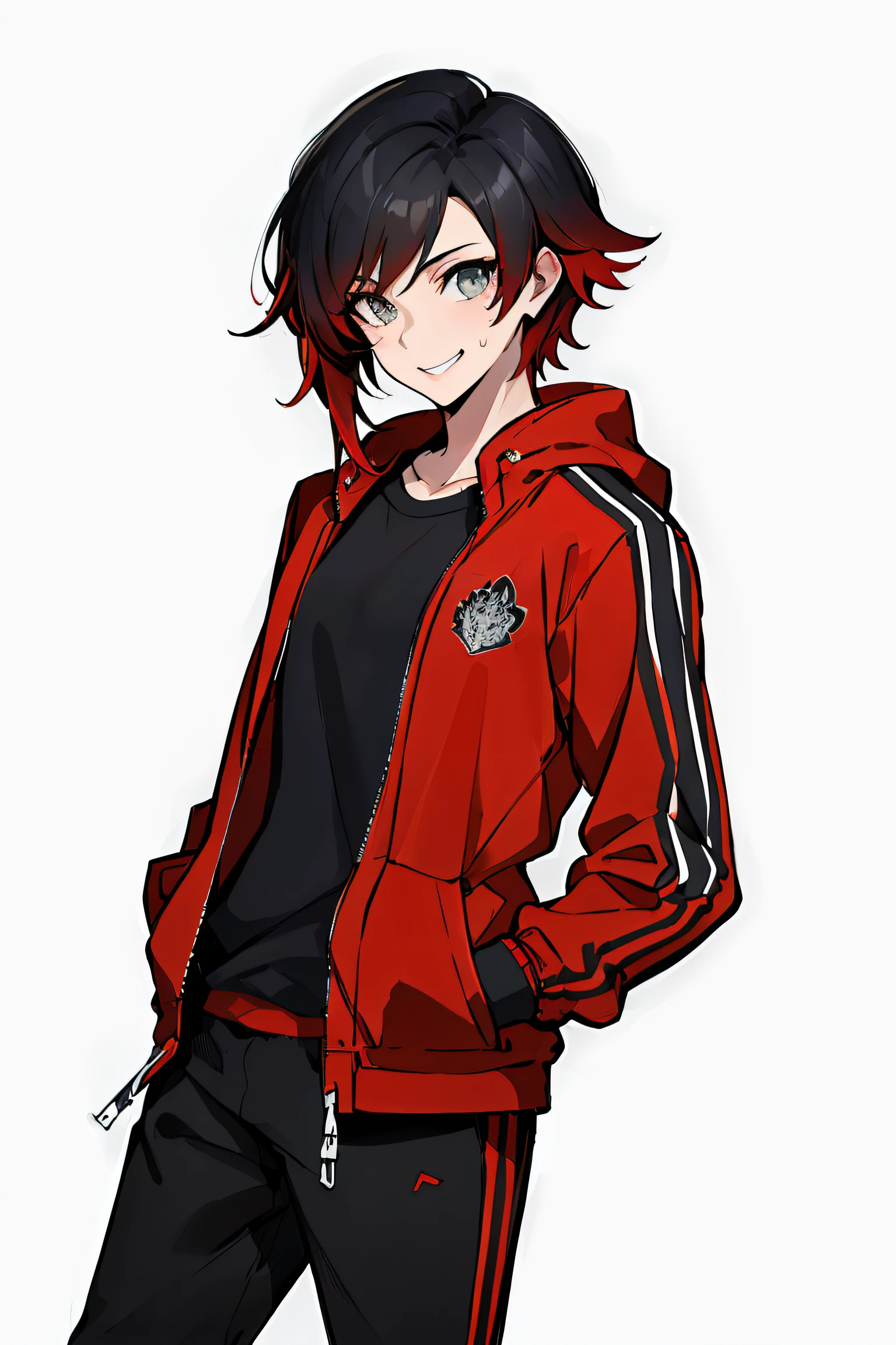 (absurdres, 8k, 4k, masterpiece, hyper extreme detailed:1.2), ((masterpiece,best quality)), absurdres, Ruby_RWBY, solo, looking at viewer, smiling, ruby rose, casualwear, shirt, sweatpants, jacket, hands in pockets, smile, red gradients, black hair,