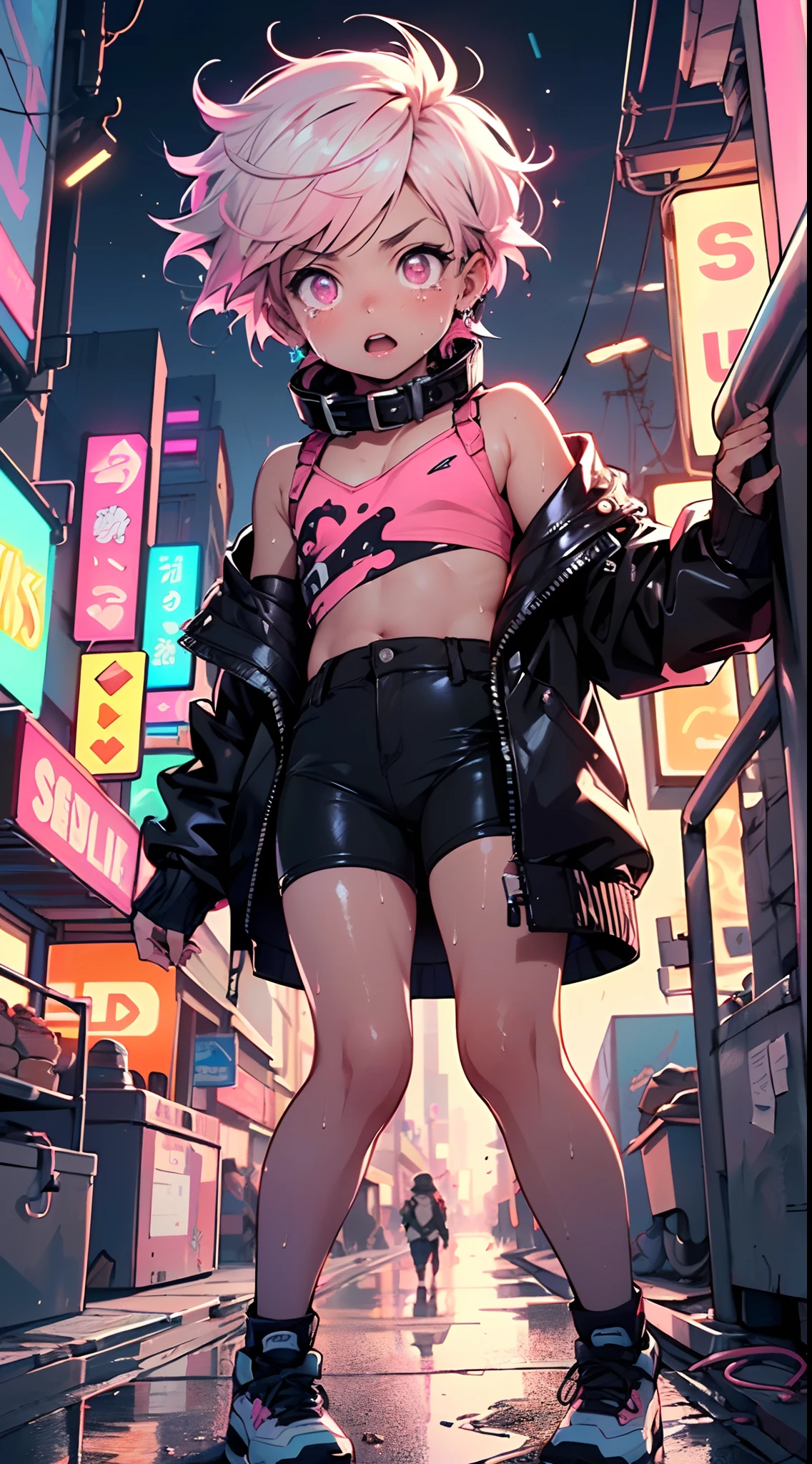 (1child:1.3),(1boy:1.5),-yeld,teger,femboy,Libido boy,Female physiognomy,

little boittle boy,boy,d only,child,1b(malender:1))pink hair,short detailed hair,(((neon_pink_eyes:1.3))),intricate eyes,beautiful detailed eyes,symmetrical eyes,big eyes:1.5,child's chest,((kid body,a little chubby,good anatomy,accurate body proportions,detailed shota body for young boy,perfect anatomy))),

serious and thoughtful man,(nsfw),

flat chest,((fat)),(((lustrous skin:1.5,bright skin: 1.5,skin tanned,shiny skin,very shiny skin,shiny body,plastic glitter skin,exaggerated shiny skin,illuminated skin,wet legs))),(detailed body),

collar around his neck,The collar is attached to a thick dog leash,(tiny bulge on pants),Sweatshirt,revealing clothing,show skin,(micro clothes,rave fashion,visible thong straps,accessories LED),((wet clothes,intricate outfit,intricate clothes)),

(dynamic pose:1.0),solo focus,(tears,open mouth)(centered,scale to fit dimensions,Rule of thirds),

cyberpunk city by the ocean at night, with bright neon signs and dark stormy clouds and puddles, scenery:1.25,

artistic photography,(photography taken by sldr),highres, sharp focus, (ultra detailed, extremely detailed), (photorealistic artwork:1.37),(extremely detailed CG unity 8k wallpaper),((synthwave background theme)),(((vibrant colors))),(intricate background),(masterpiece),(best quality),