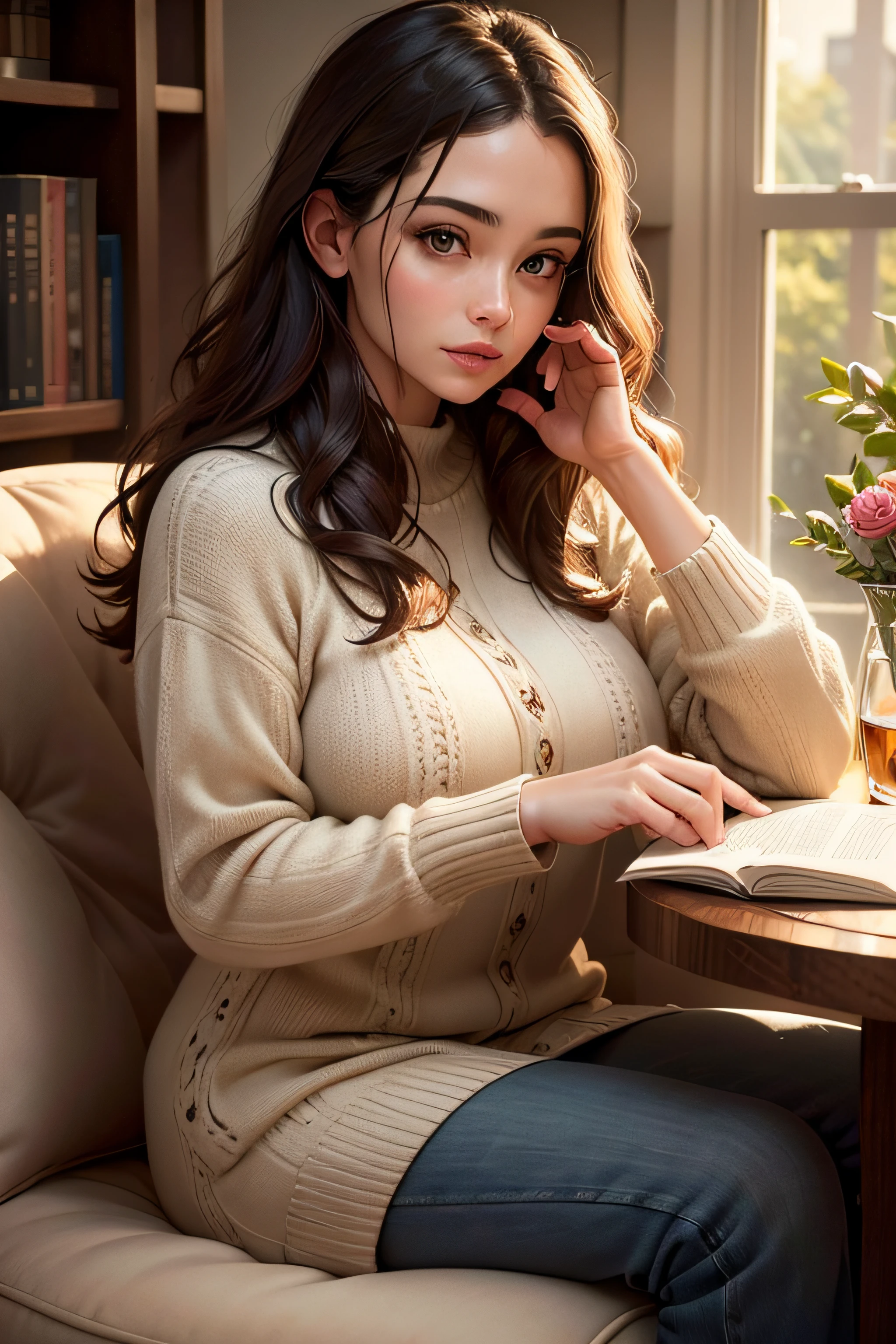 A 40-year-old woman sitting on a living room armchair (realistic,photorealistic:1.37), surrounded by warm and cozy lighting (soft warm lighting). She is wearing a stylish and comfortable outfit (casual chic attire). Her face is beautifully detailed, with mesmerizing eyes and plump lips (beautiful detailed eyes,beautiful detailed lips). The room is tastefully decorated with modern furniture and elegant artwork (modern interior design). The woman is engrossed in a gripping book, showing her intelligence and love for literature. She is relaxed and content, enjoying a peaceful moment of solitude (serene ambiance). The room is filled with the aroma of freshly brewed coffee (fragrant coffee scent), creating an inviting and comforting atmosphere. The color palette is warm and inviting, with earthy tones and pops of vibrant colors (warm color palette with vibrant accents). The overall composition of the scene is balanced and visually pleasing, capturing the beauty and tranquility of a cozy home environment (captivating homey atmosphere). The image quality is top-notch, with ultra-detailed rendering and sharp focus (best quality,ultra-detailed,sharp focus). The artwork is created using traditional painting techniques, resulting in a masterpiece (medium:traditional painting,medium:masterpiece:1.2).