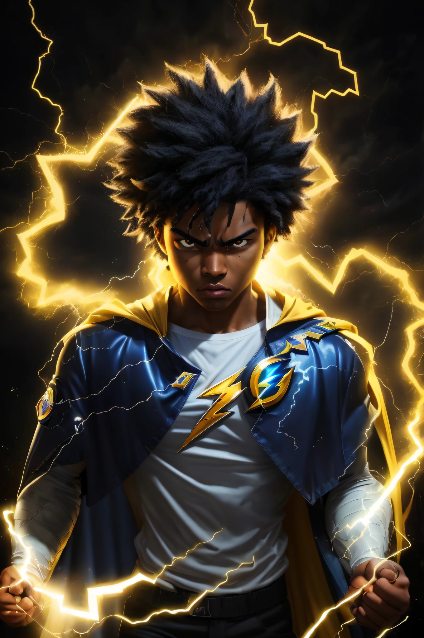 black power hair adolescent black hero using cape yellow powers in hand White shirt lightning bolt design on shirt power electricity rays in hands skill power elementar blue Thunder shining hero fighter a powerful hero, vibrant colors, dynamic lighting, detailed costume, intense action scene, extraordinary abilities, breathtaking special effects, cinematic quality, Epic showdown, realistic CGI, high definition resolution, Iconic superhero pose, composition dramatic, city skyline scenery, intense facial expression, intense energetic aura, superhero emblem, superhuman strength, flying skills, lightning-fast speed, invincibility, heroic determination, explosive power, heroic justice, iconic mask, heroic cape , nimble movements, intense battle intensity, Superheroic Charisma, immersive storytelling, larger than life presence, thrilling adventure, victorious triumph, Ultimate Superhero