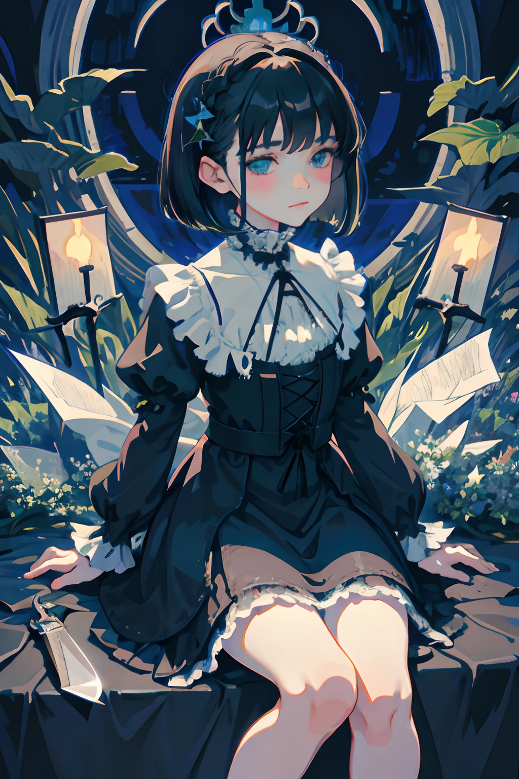 Knees，hand between legs，child，（​masterpiece，Highest Quality），shortsleeves，Blue-green Gothic Lolita，Sleepy face，A dark-haired，Medium bob，utility knife，scissors，Aurora，starrysky，dark clouds, Night, (Impressionism:1.4), , Alphonse Mucha，tarot