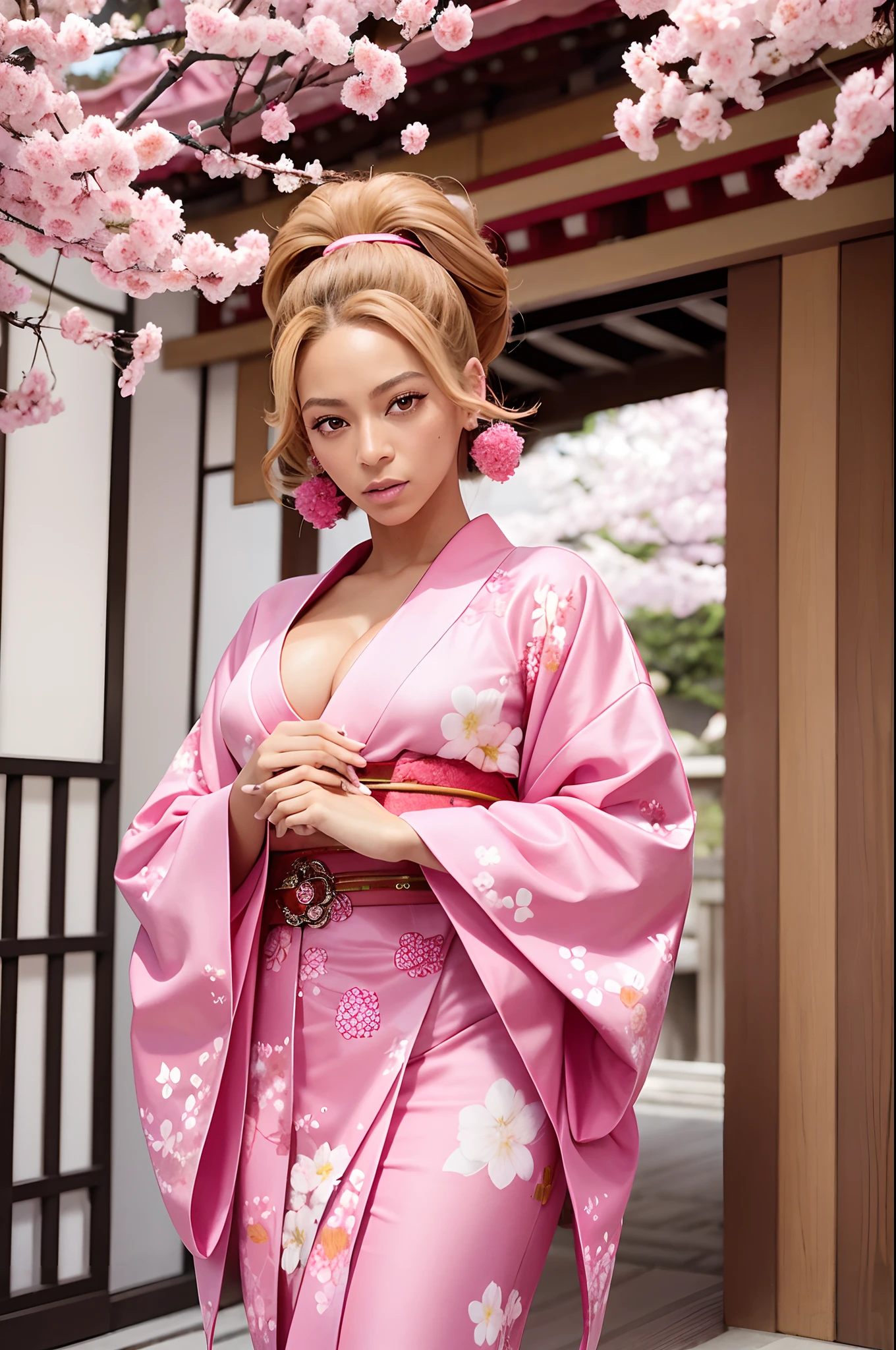 Beyoncè Knowles posing for an album cover wearing a pink kimono, japanese clothes, sakura blossoms