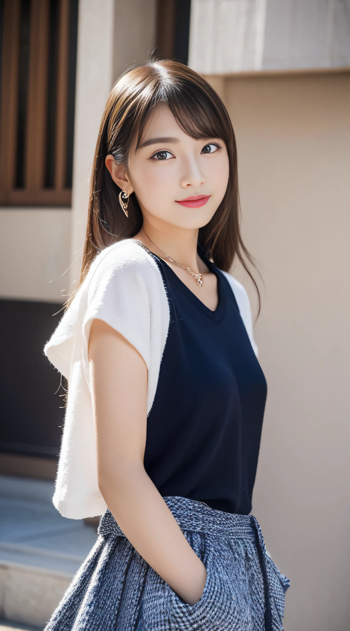 (((32K,very high res, high detailing, highly accurate,Masterpiece Girl 1))),Raw photo & realistic atmosphere,beautiful dark blue eyes,Detailed mouth,Glossy lips,Detailed eyebrows,Soft white skin that shines with every detail,,Eyes drawn in detail、Very beautiful eyes with azure eyes,Detailed lips、Very beautiful face,Very well-formed face、Lifelike face,shiny beautiful lips,Beautiful eyebrows,Infinite reality,Best design,(Insanely cute sober and modest Japan 18-year-old girl,,toned body,The perfect gal reader model,Beautifully shaped breasts,Very cute beautiful girl, Girl:1.5),Best Natural Makeup,Japanese ido,Korean Idols,Young sensual idol,Moist eyes,Dark beautiful eyes,Beautiful butt,beauty legs,,camel's foot,:1.3),超A high resolution、,Natural and realistic face,Back lighting,Pure eyes are too cute,(((photorealisim,Photograph the whole body))),,Reality Live Action,(simple earrings,Necklace Arm,Watches,Glossy nail art,Girlish clothes,Clothes with a design image of young people in bright colors in primary colors,Dress up your hoodie in a cool and cute way,Hats,beautiful skirt,Modest and beautiful fashionable fashion,espadrilles,Perm Shorthair,独奏,Lori Kool,Smile faintly,glares,full body Esbian:1.7),(Show full-body fashion:1.8)