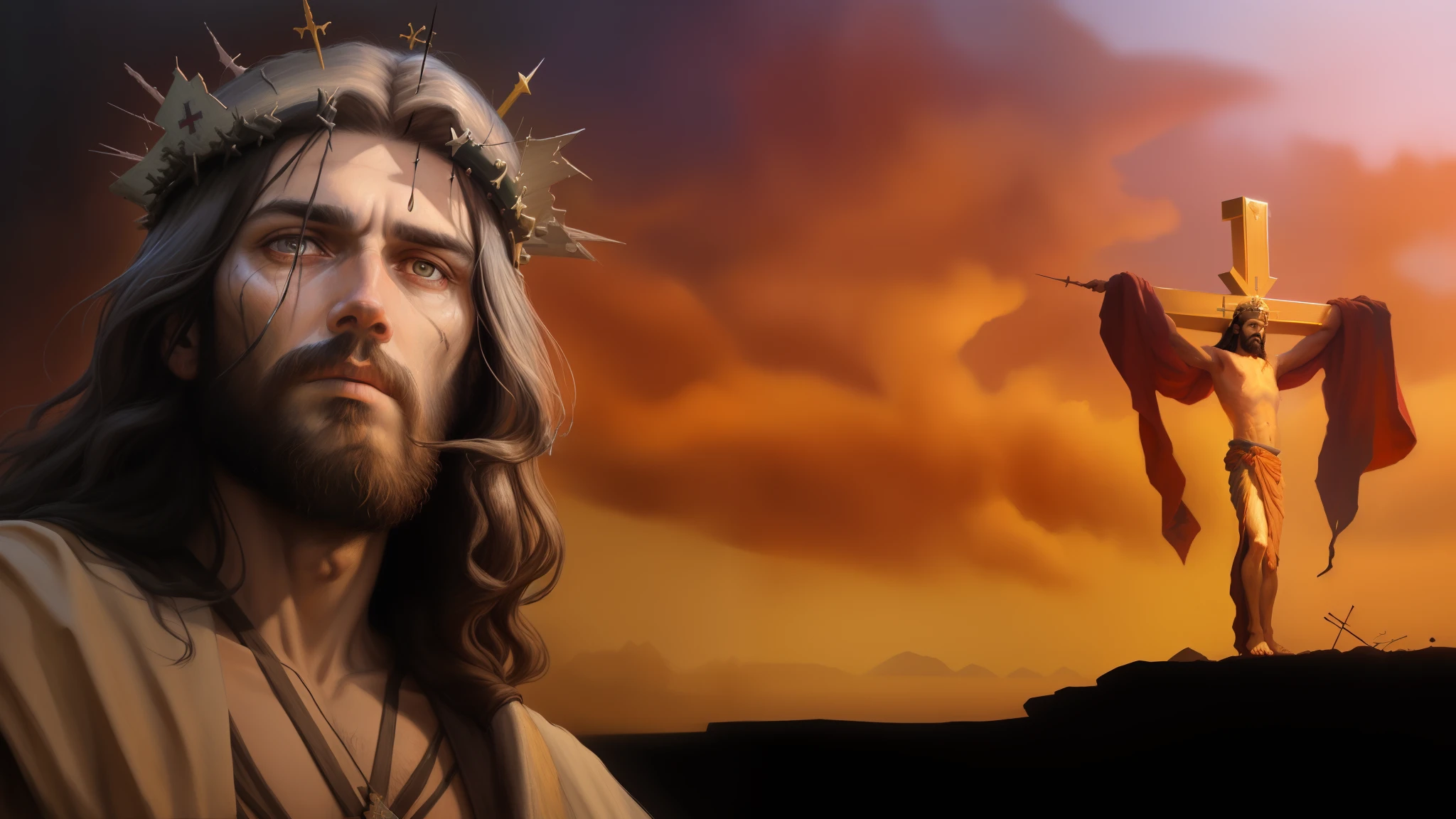 Jesus with a crown of thorns on his head and a cross in the background, jesus of nazareth, Jesus Cristo, Retrato de Jesus Cristo, Jesus, O Senhor e Salvador, Rei dos Reis, rosto de Jesus, coroa de espinhos, Directed by: John O'Gorman, Jesus Gigachade, pintado digitalmente, 8 k hd detailed oil painting, Kramskoi 4 mil