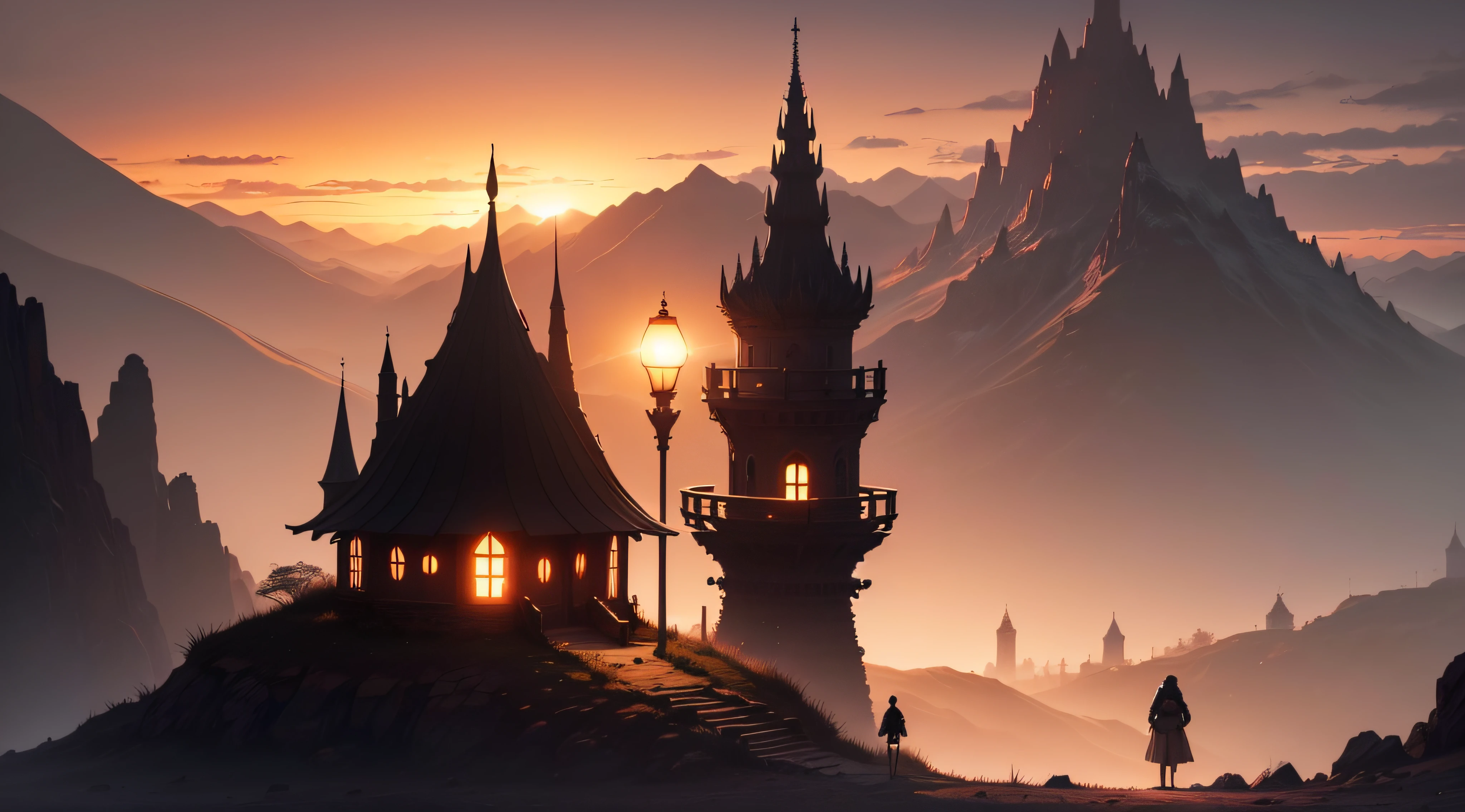 A lone traveller is wandering through a dark valley in the shadow of a sunset. He has a lamp on a stick. He is however small in comparrion to the hillsides and the spikey and slim fantasy tower that towers in the far distance. The setting is fantasy and calming.