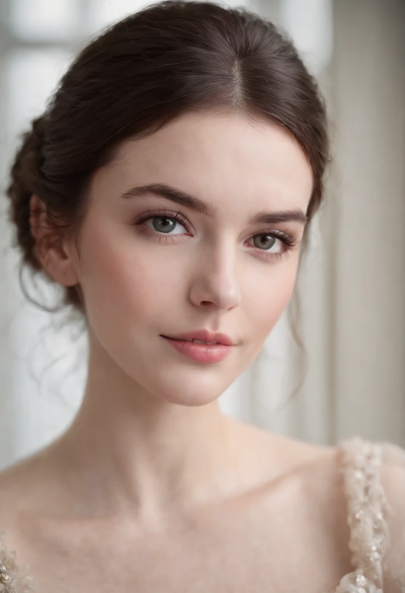 Belle jeune femme, brune, very pale skin, visage en gros plan, hair tied up, ultra realist, very high quality, yeux clairs, souriante, light makeup, mascara sombre, pink lipstick, traits fins, bijoux, sourcils fins