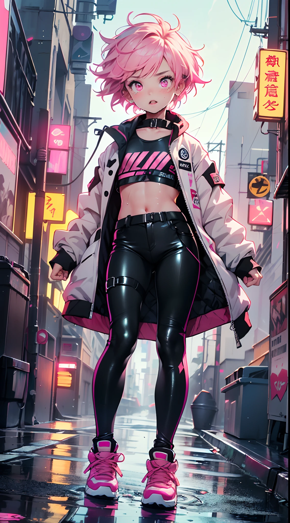 (1child:1.3),(1boy:1.5),-yeld,teger,femboy,Libido boy,Female physiognomy,
little boittle boy,boy,d only,child,1b(malender:1))pink hair,short detailed hair,(((neon_pink_eyes:1.3))),intricate eyes,beautiful detailed eyes,symmetrical eyes,big eyes:1.5,child's chest,((kid body,a little chubby,good anatomy,accurate body proportions,detailed shota body for young boy,perfect anatomy))),
serious and thoughtful man,(nsfw),
flat chest,((fat)),(((lustrous skin:1.5,bright skin: 1.5,skin tanned,shiny skin,very shiny skin,shiny body,plastic glitter skin,exaggerated shiny skin,illuminated skin,wet legs))),(detailed body),
collar around his neck,The collar is attached to a thick dog leash,(tiny bulge on pants),Sweatshirt,revealing clothing,show skin,(micro clothes,rave fashion,visible thong straps,accessories LED),((wet clothes,intricate outfit,intricate clothes)),
(dynamic pose:1.0),solo focus,(tears,open mouth)(centered,scale to fit dimensions,Rule of thirds),
cyberpunk city by the ocean at night, with bright neon signs and dark stormy clouds and puddles, scenery:1.25,
artistic photography,(photography taken by sldr),highres, sharp focus, (ultra detailed, extremely detailed), (photorealistic artwork:1.37),(extremely detailed CG unity 8k wallpaper),((synthwave background theme)),(((vibrant colors))),(intricate background),(masterpiece),(best quality),