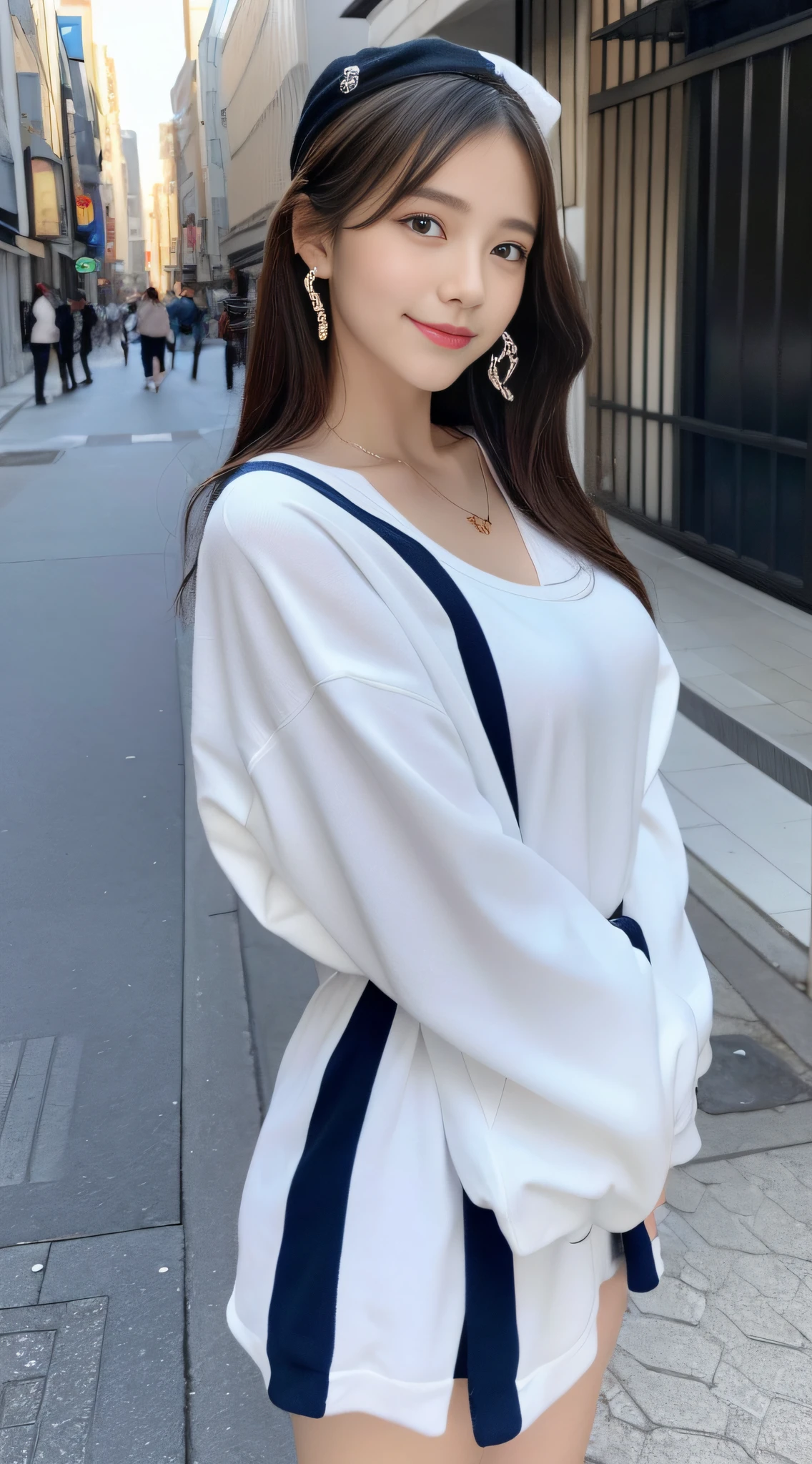 (((32K,very high res, high detailing, highly accurate,Masterpiece Girl 1))),Raw photo & realistic atmosphere,beautiful dark blue eyes,Detailed mouth,Glossy lips,Detailed eyebrows,Soft white skin that shines with every detail,,Eyes drawn in detail、Very beautiful eyes with azure eyes,Detailed lips、Very beautiful face,Very well-formed face、Lifelike face,shiny beautiful lips,Beautiful eyebrows,Infinite reality,Best design,(Insanely cute sober and modest Japan 18-year-old girl,,toned body,The perfect gal reader model,Beautifully shaped breasts,Very cute beautiful girl,Little Girl:1.5),Best Natural Makeup,Japanese ido,Korean Idols,Young sensual idol,Moist eyes,Dark beautiful eyes,Beautiful butt,beauty legs,,camel's foot,:1.3),超A high resolution、,Natural and realistic face,Back lighting,Pure eyes are too cute,(((photorealisim,Photograph the whole body))),,Reality Live Action,(simple earrings,Necklace Arm,Watches,Glossy nail art,Girlish clothes,Clothes with a design image of young people in bright colors in primary colors,Dress up your hoodie in a cool and cute way,Hats,beautiful skirt,Modest and beautiful fashionable fashion,espadrilles,Perm Shorthair,独奏,Lori Kool,Smile faintly,glares,full body Esbian:1.7),(Show full-body fashion:1.8)