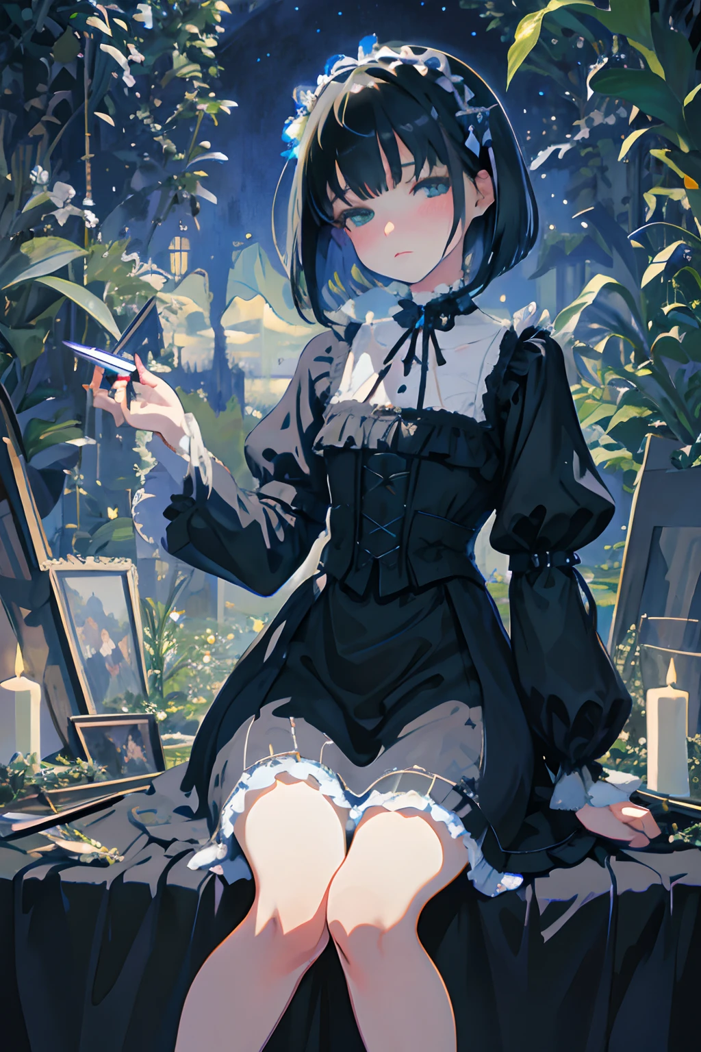Knees,hand between legs,child,(masterpiece,Highest Quality),shortsleeves,Blue-green Gothic Lolita,Sleepy face,A dark-haired,Medium bob,utility knife,Scissors,Aurora,starrysky,dark clouds, Night, (Impressionism:1.4), , Alphonse Mucha,tarot