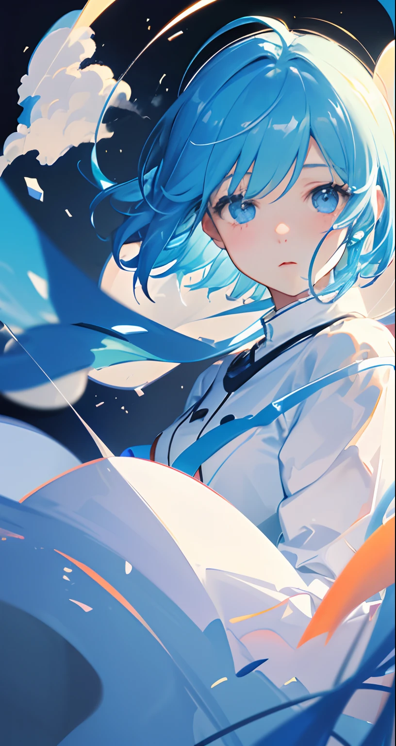 masterpiece、top-quality、Movie stills、One Girl、floating in sky、Cloud Girl、clouds、(a closeup:1.1)、with light glowing、happiness、A delightful、Soft lighting、(Bauhaus、form、line、abstracted:1.1)girj blue hair short hair