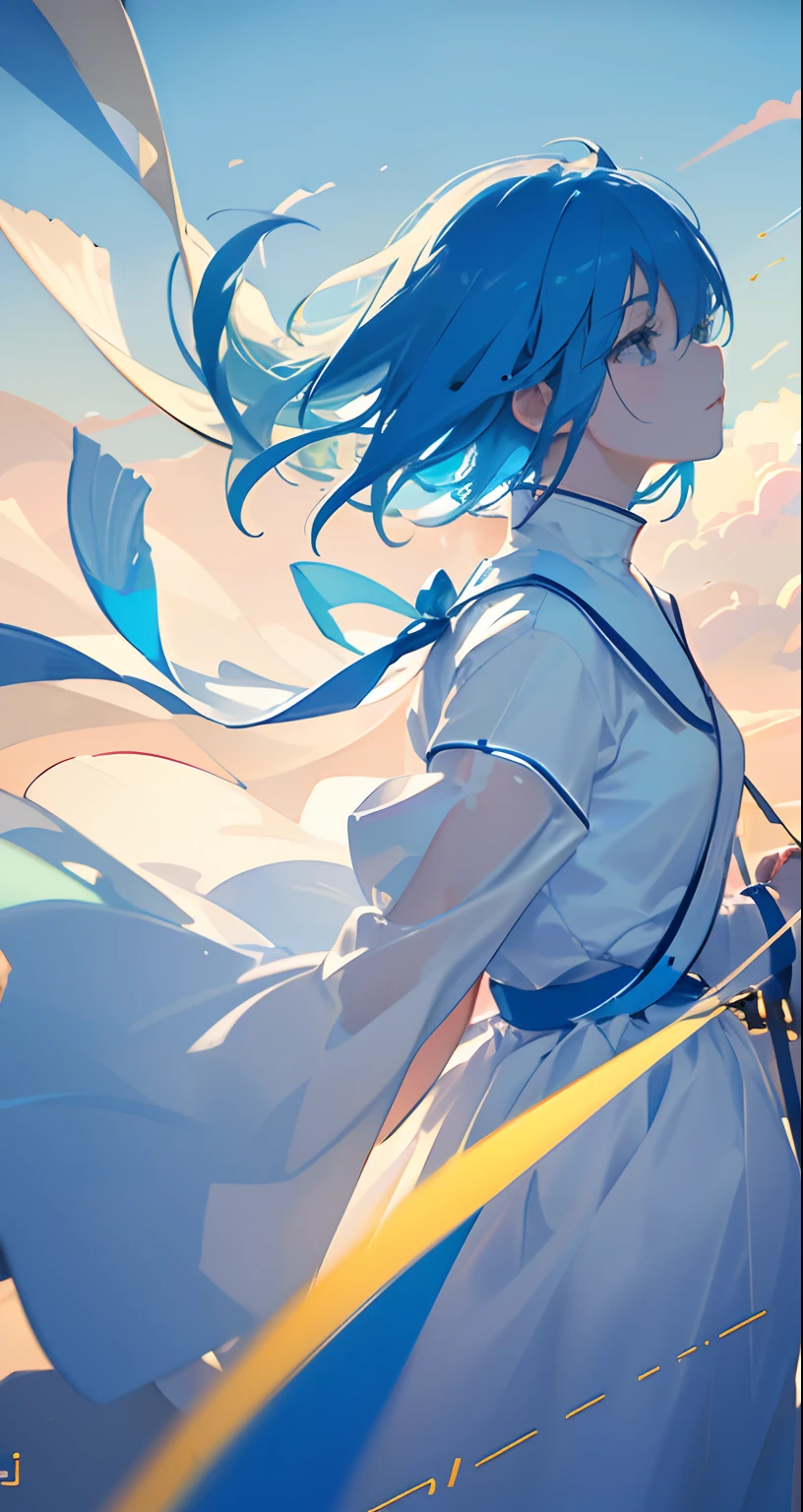 masterpiece、top-quality、Movie stills、One Girl、floating in sky、Cloud Girl、clouds、(a closeup:1.1)、with light glowing、happiness、A delightful、Soft lighting、(Bauhaus、form、line、abstracted:1.1)girj blue hair short hair