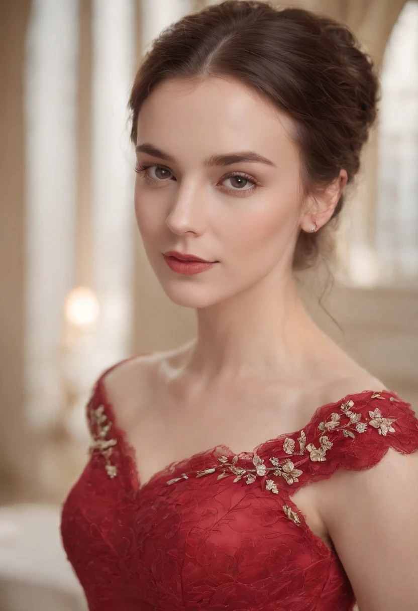 belle jeune femme, brune, hair tied up, ultra realist, very high quality, yeux clairs, souriante, light makeup, traits fins, en robe rouge et or, broderie, precious stones, décolleté, dentelles, en pieds, debout, peau blanche