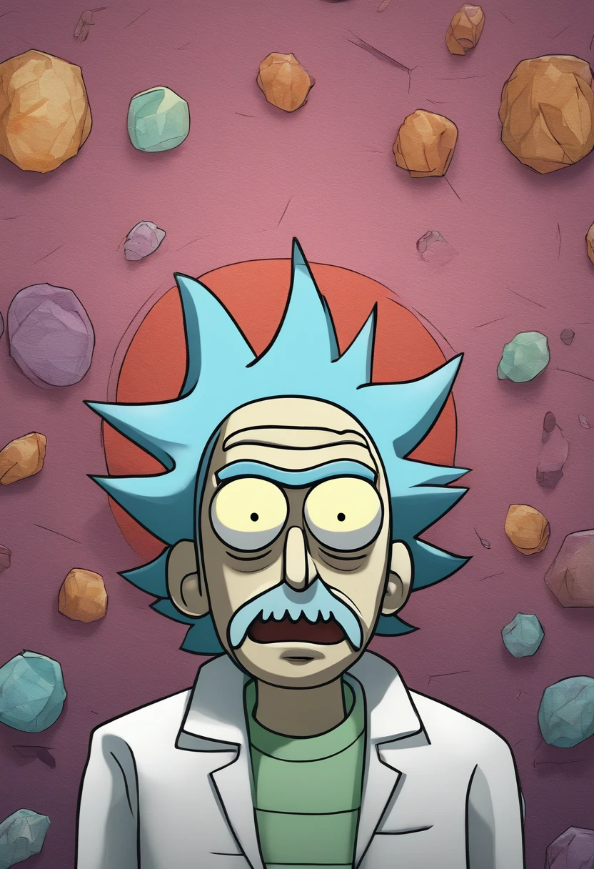 pixarstyle um retrato na altura da cintura do personagem Rick Sanchez do seriado Rick and Morty em um jaleco branco, sorriso, s office, textura natural da pele, texturas 4k, hdr, intrincado, altamente detalhado, foco nítido, cinematic visual, hiperdetalhado, oculos quebrado, fundo de garrafa, desenho infantil